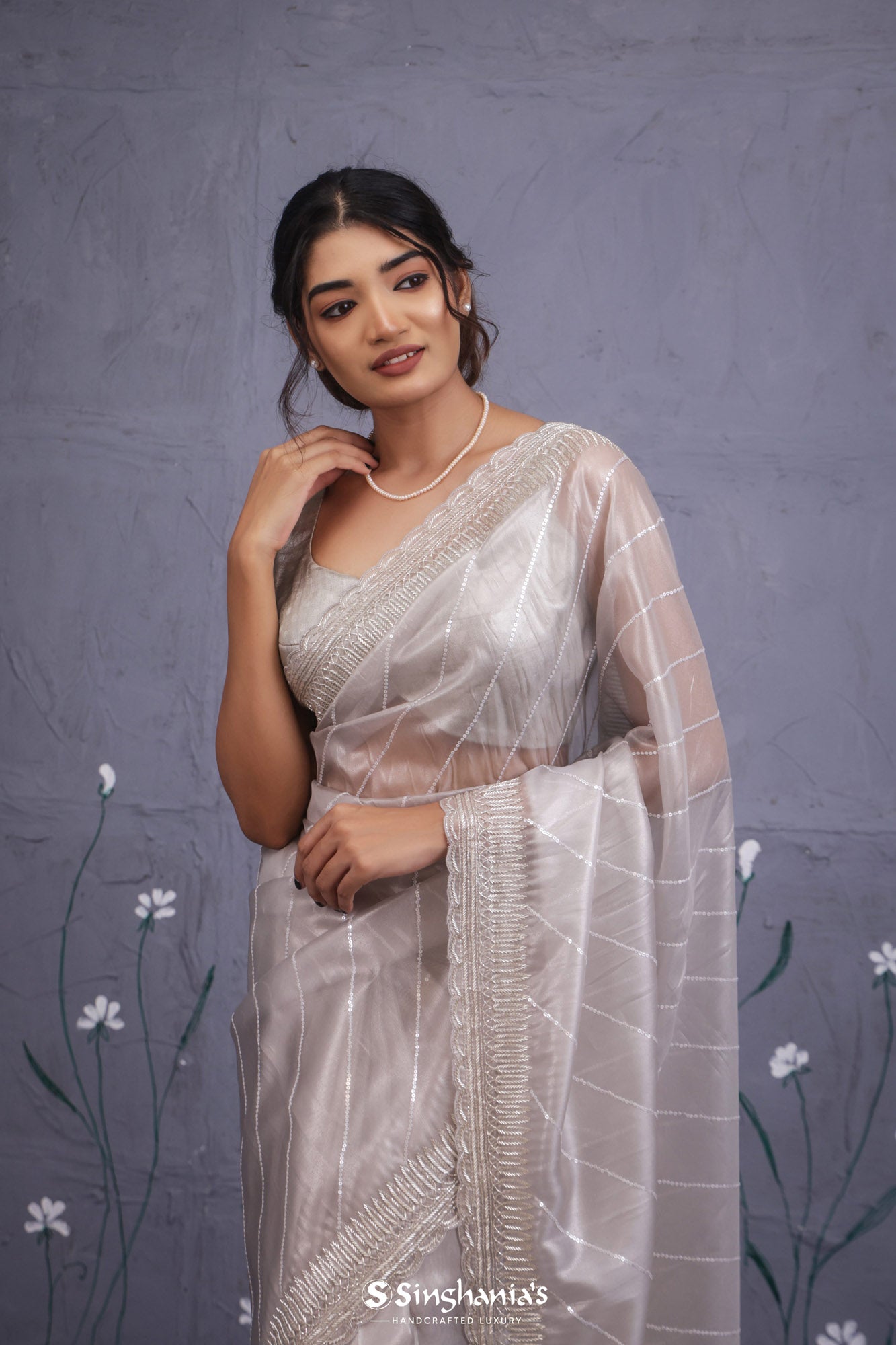 Silver Gray Tissue Saree With Hand Embroidery