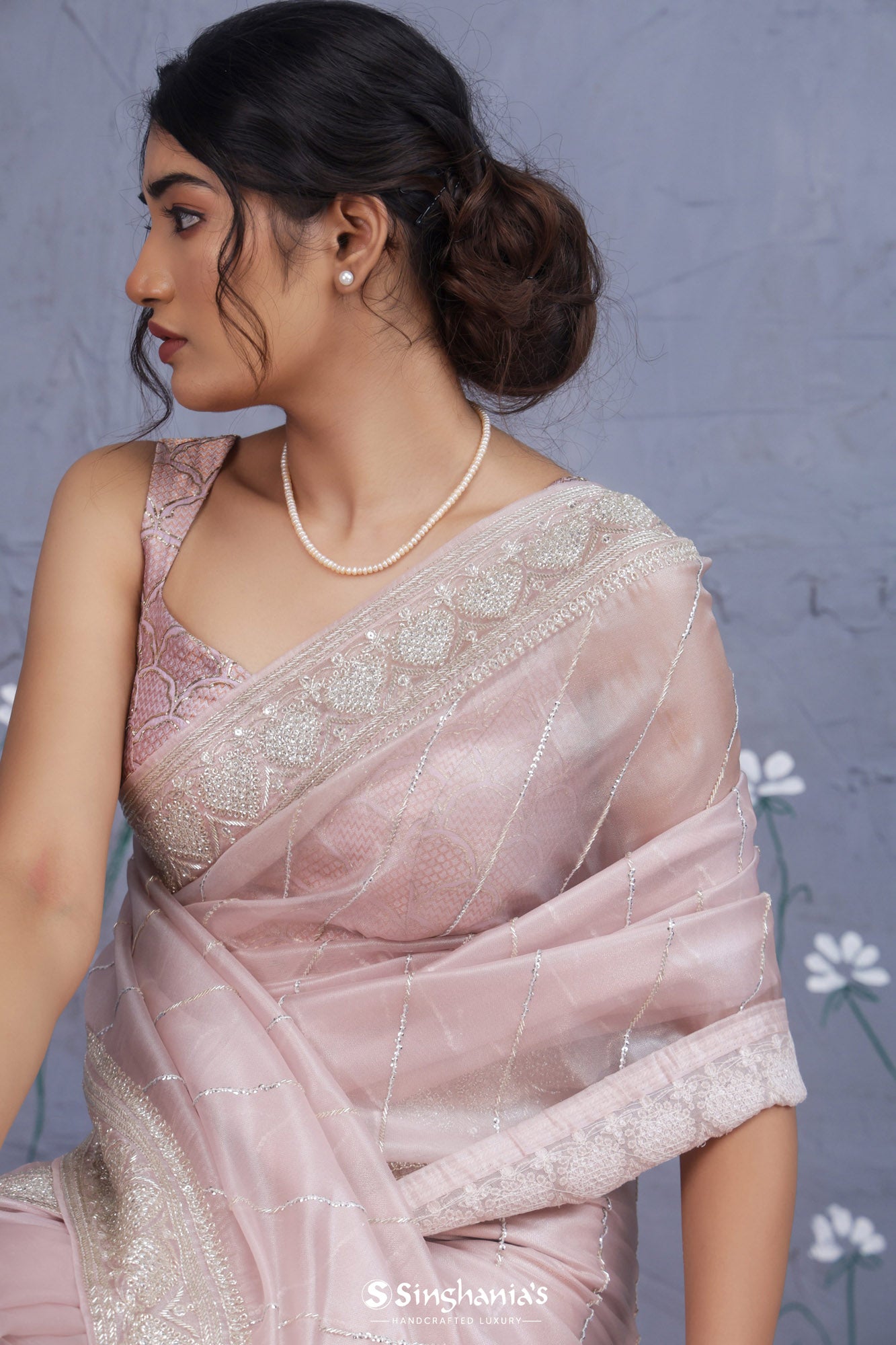 Oyster Pink Tissue Saree With Hand Embroidery