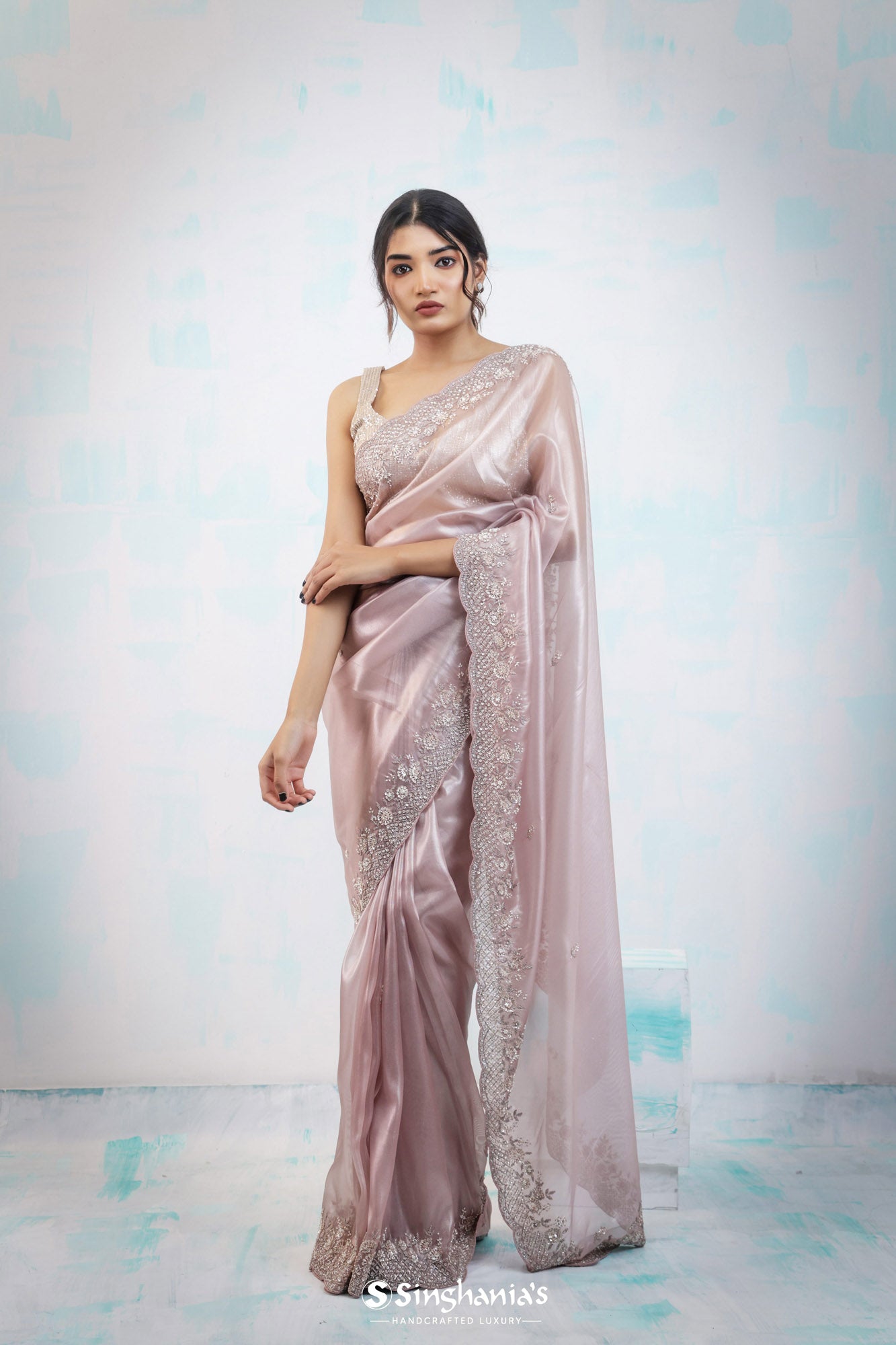 Tea Rose Tissue Saree With Hand Embroidery