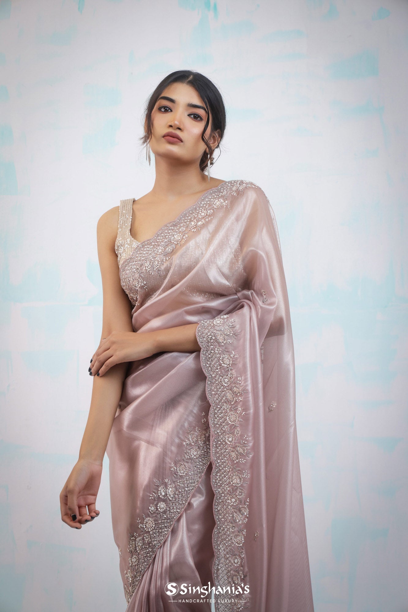 Tea Rose Tissue Saree With Hand Embroidery