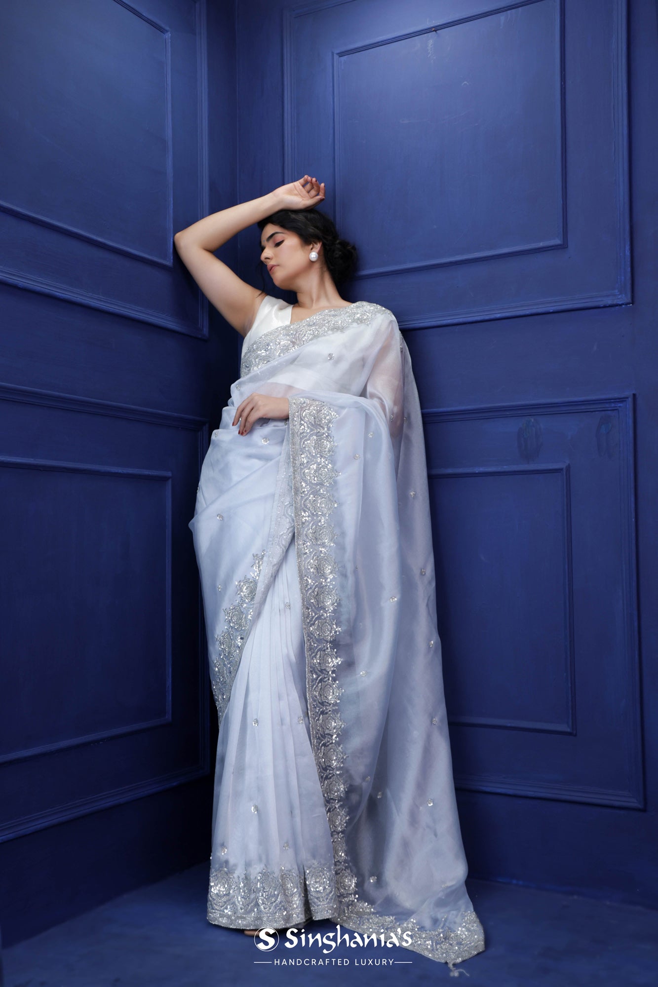 Icy Blue Tissue Saree With Hand Embroidery