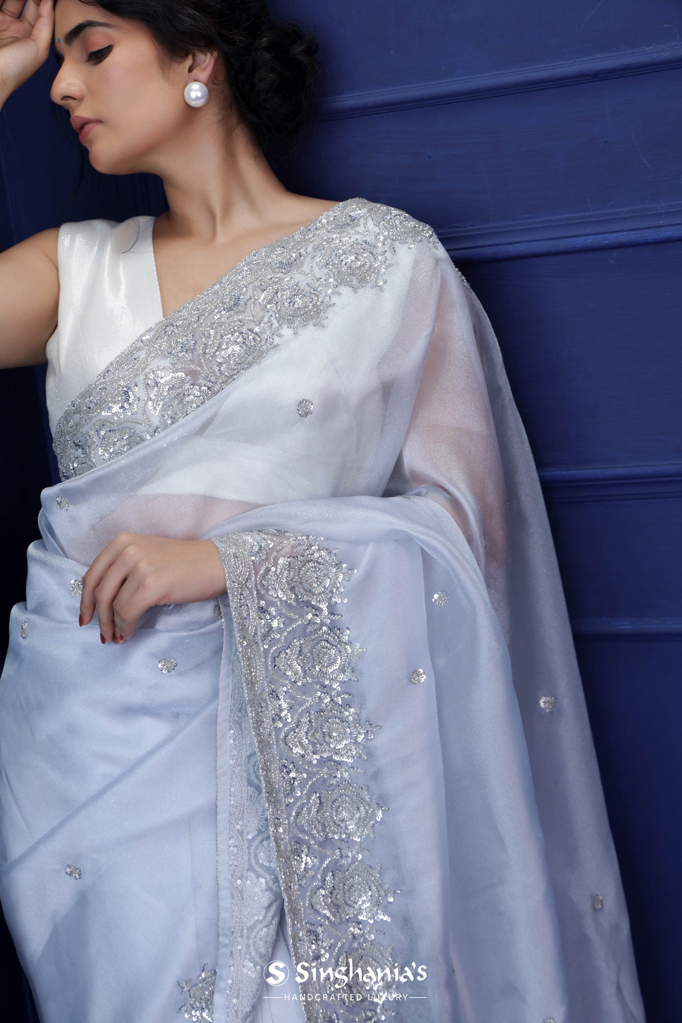 Icy Blue Tissue Saree With Hand Embroidery