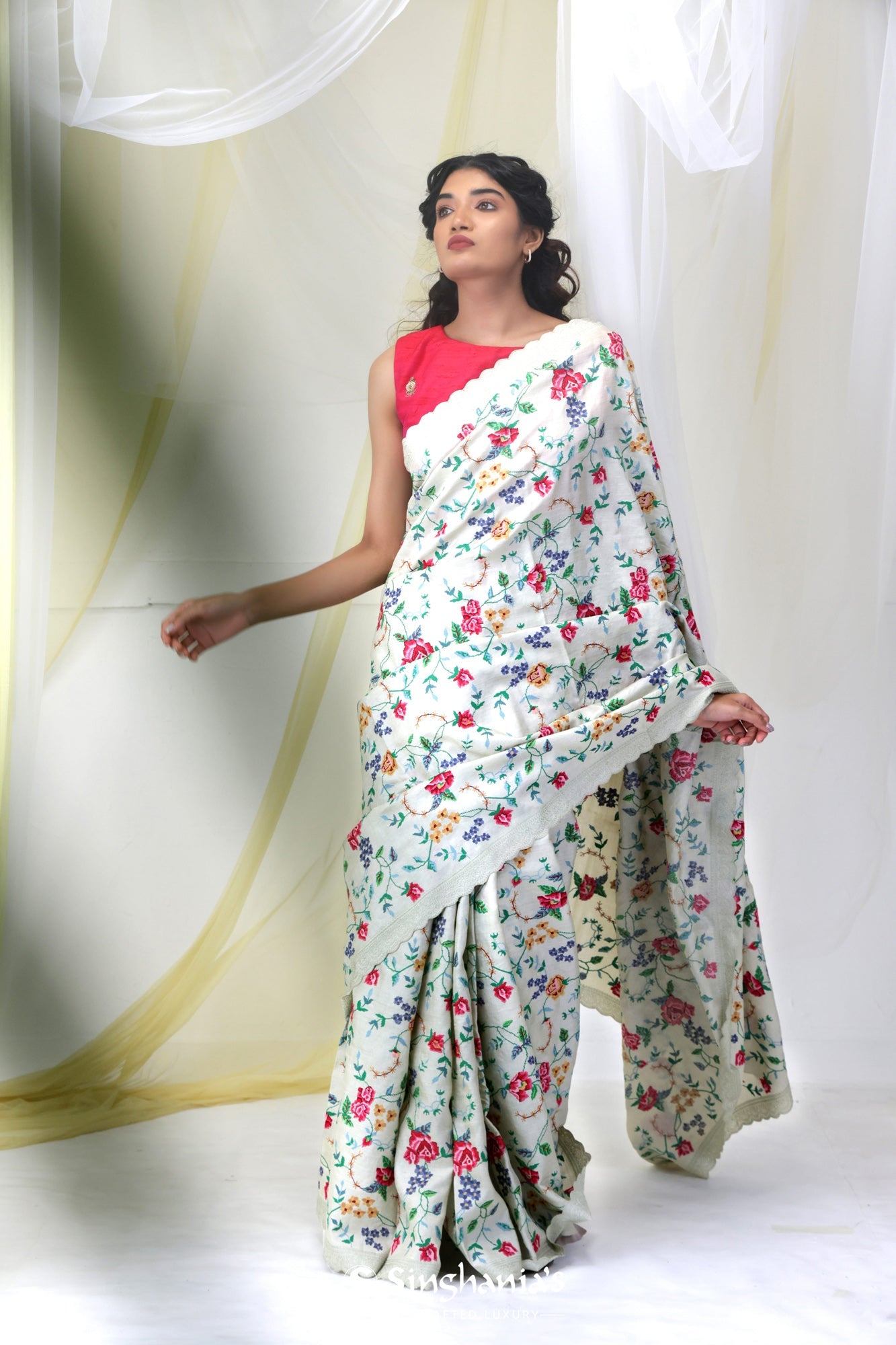 Pale Green Tussar Floral Embroidered Saree