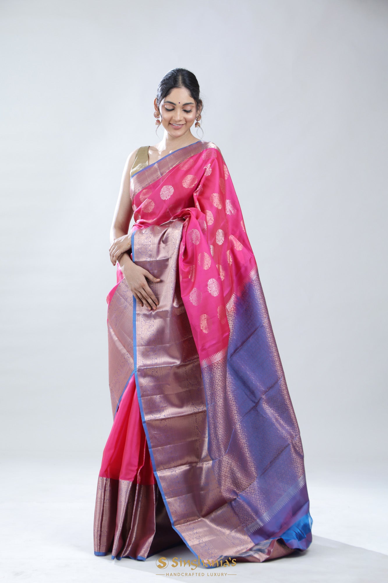 Cerise Pink Kanjivaram Silk Saree With Floral Buttas
