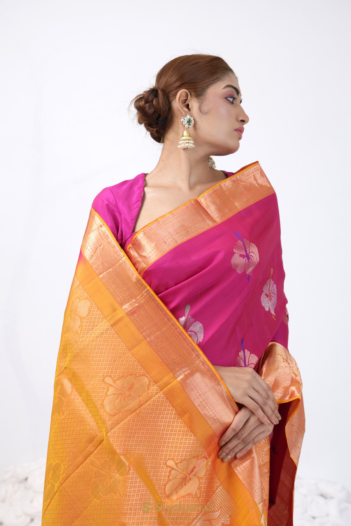 Cerise Pink Kanjivaram Silk Saree With Hibiscus Motif Weaving