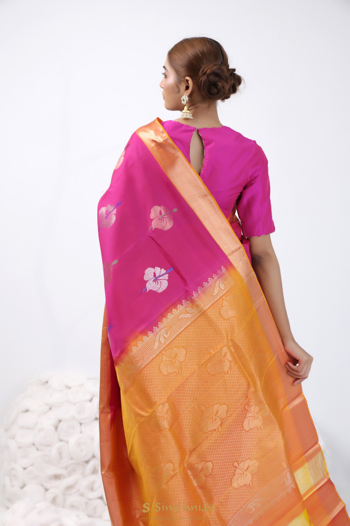 Cerise Pink Kanjivaram Silk Saree With Hibiscus Motif Weaving