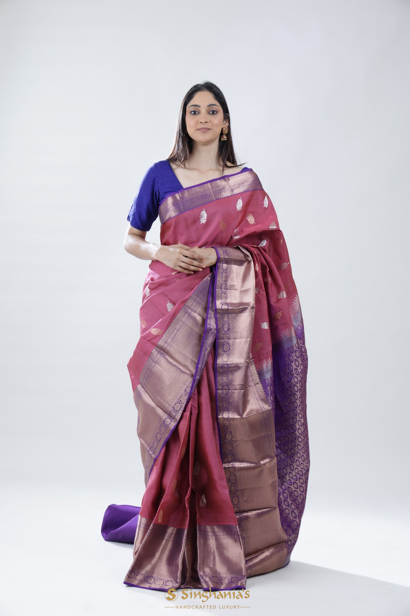 Ruber Pink Kanjivaram Silk Saree With Floral Buttas