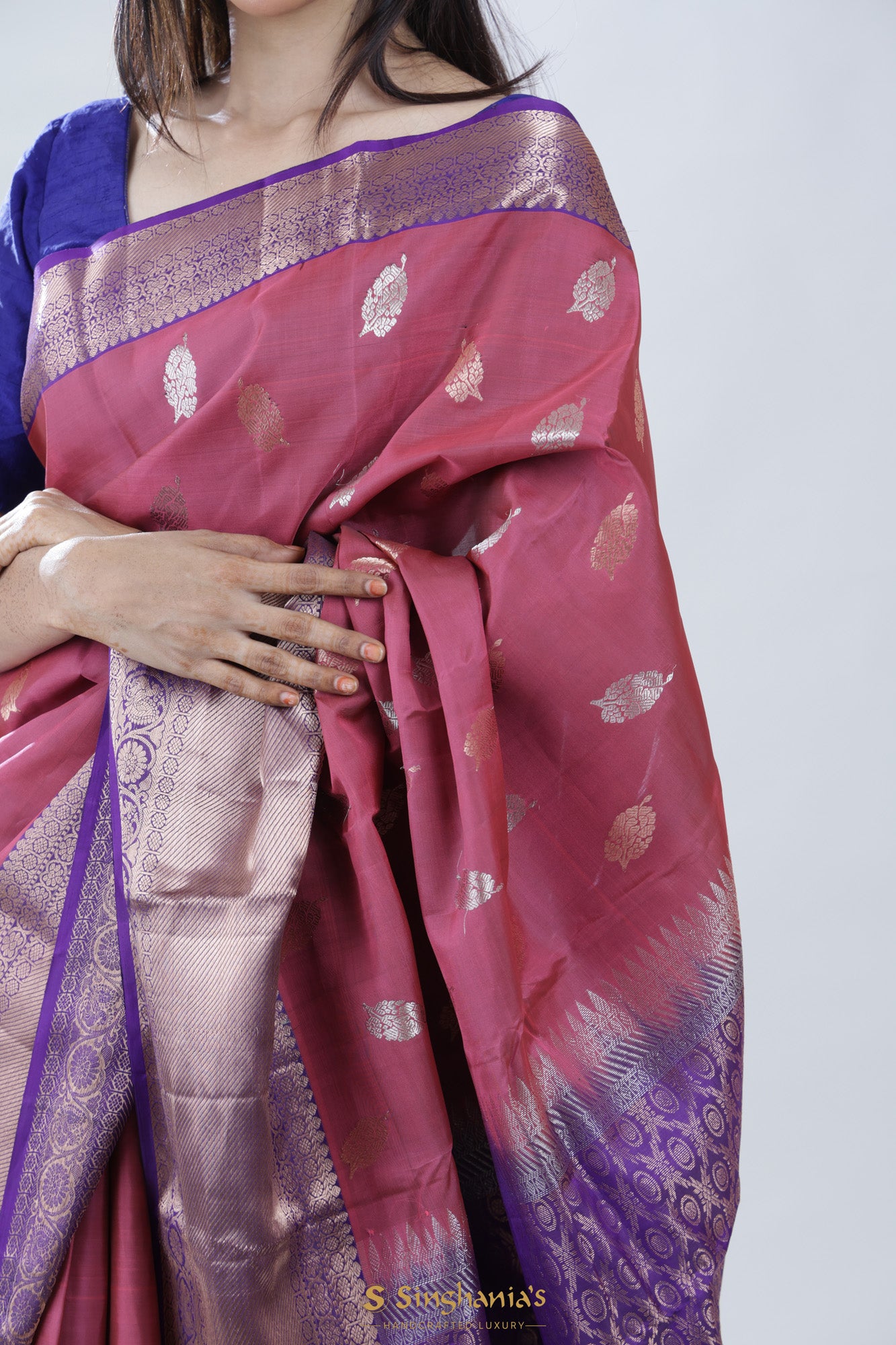 Ruber Pink Kanjivaram Silk Saree With Floral Buttas