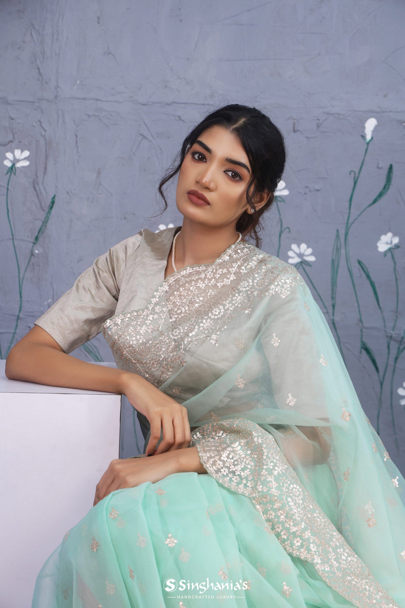Mint Green Organza Saree With Floral Embroidery