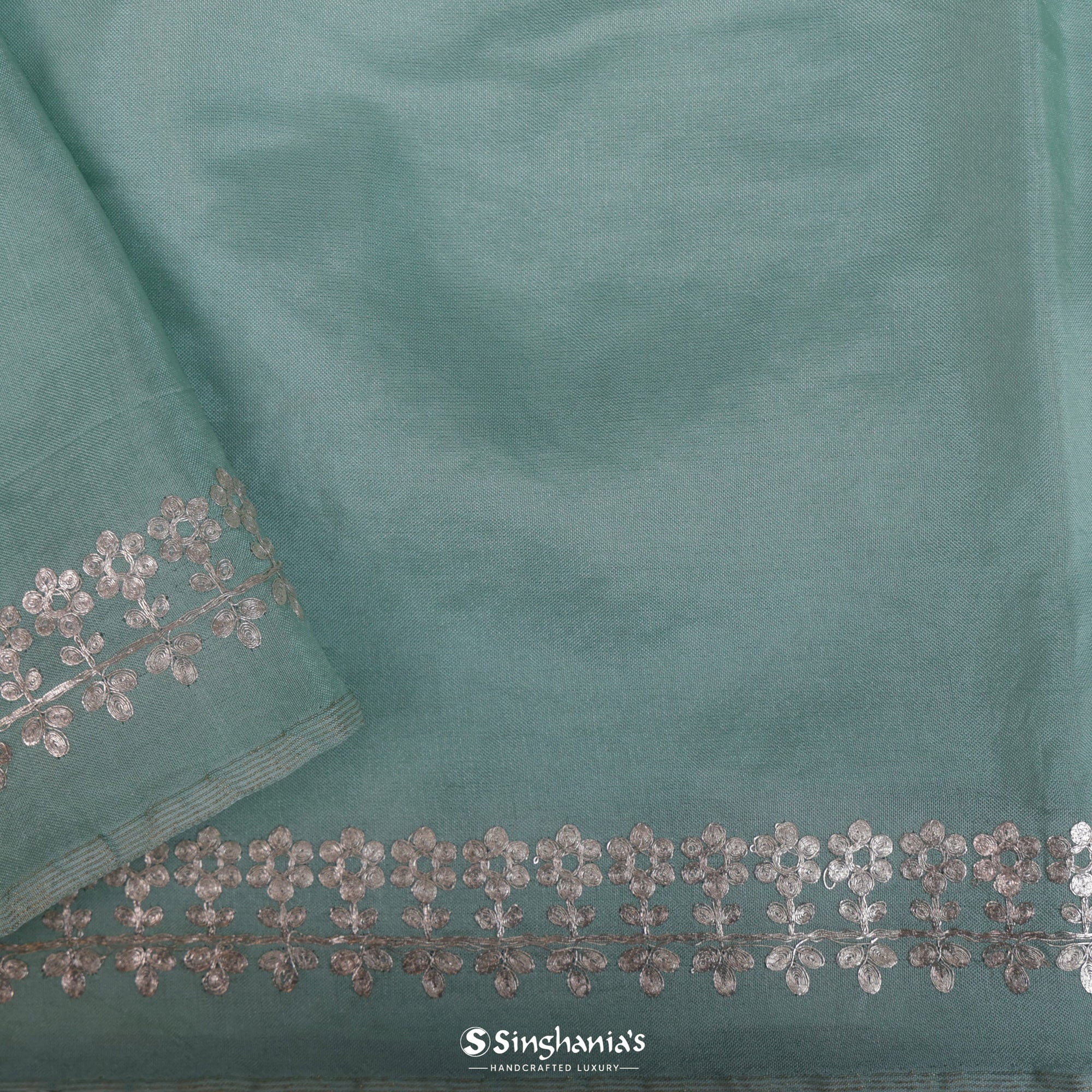 Mint Green Organza Saree With Floral Embroidery