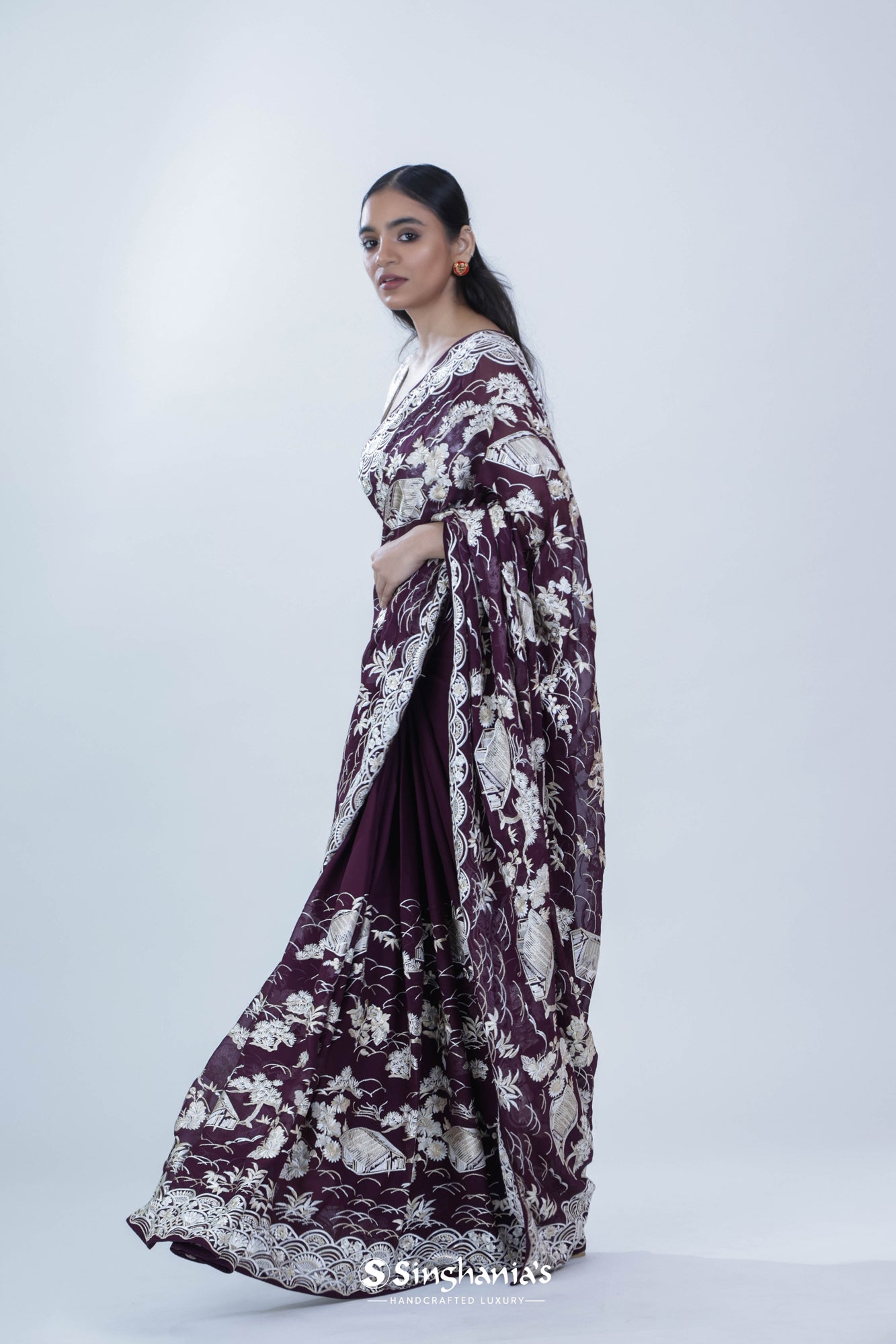 Wine Purple Georgette Saree With Floral Embroidery