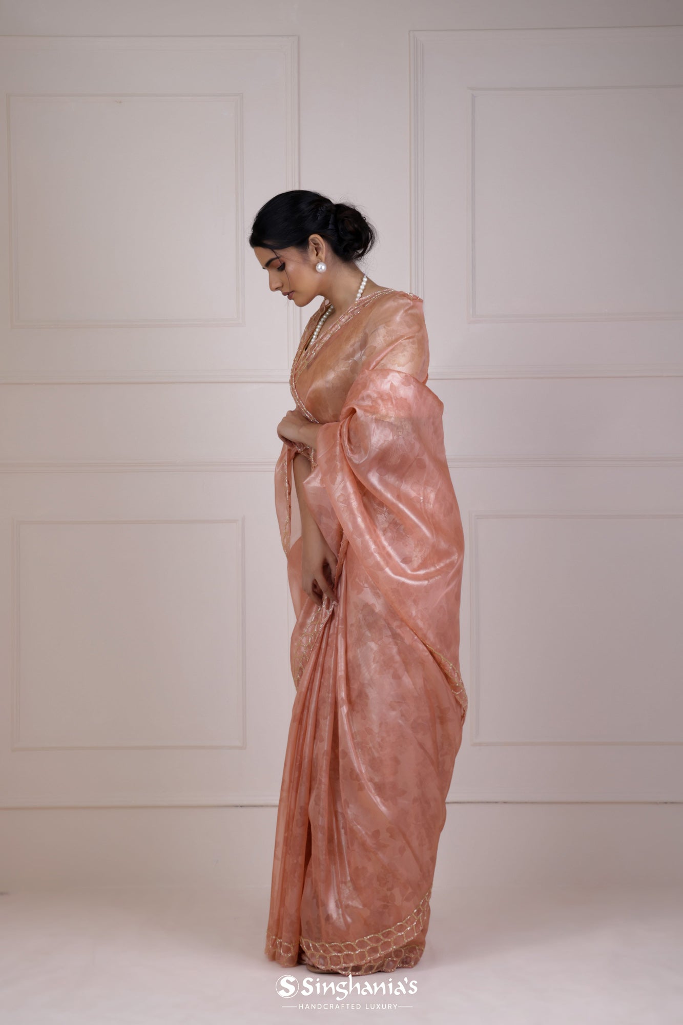 Strawberry Pink Tissue Printed Saree With Hand Embroidery
