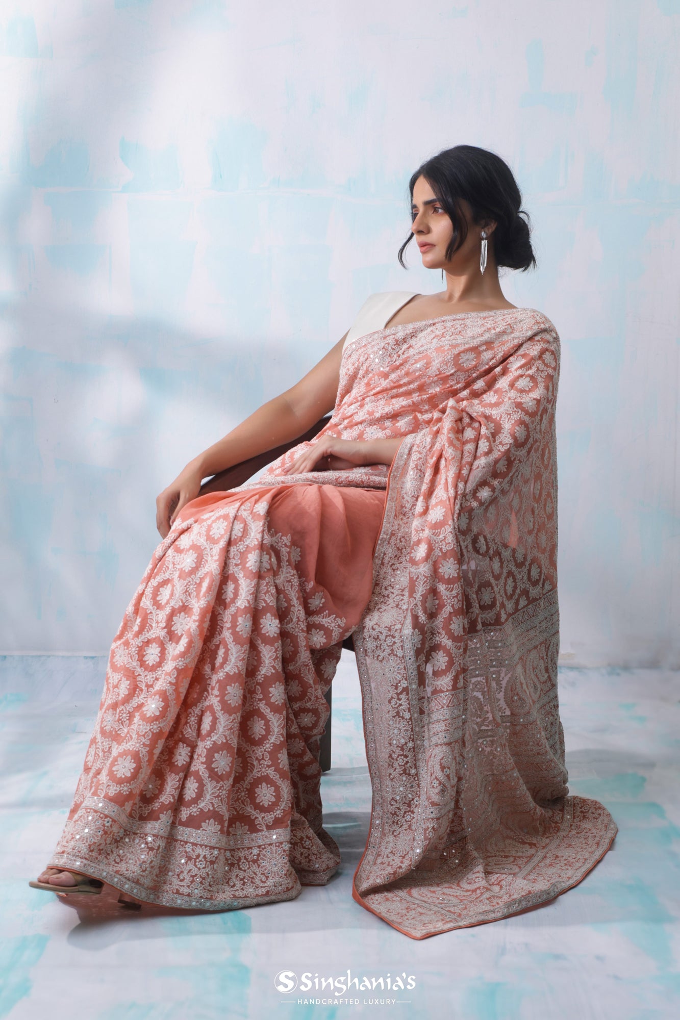 New York Pink Georgette Saree With Hand Embroidery