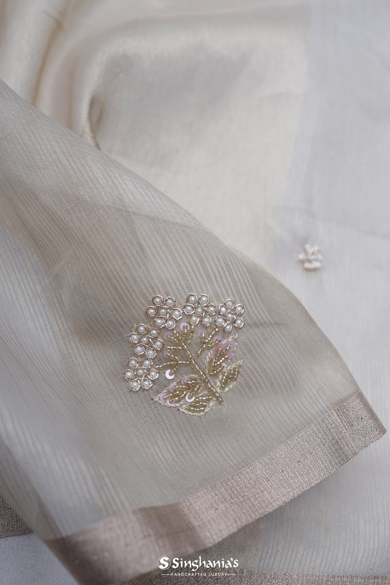 Pastel Beige Tissue Saree With Hand Embroidery