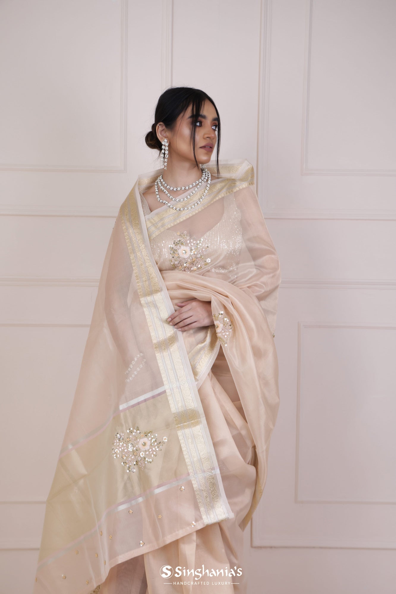Dust Storm Pink Tissue Saree With Hand Embroidery