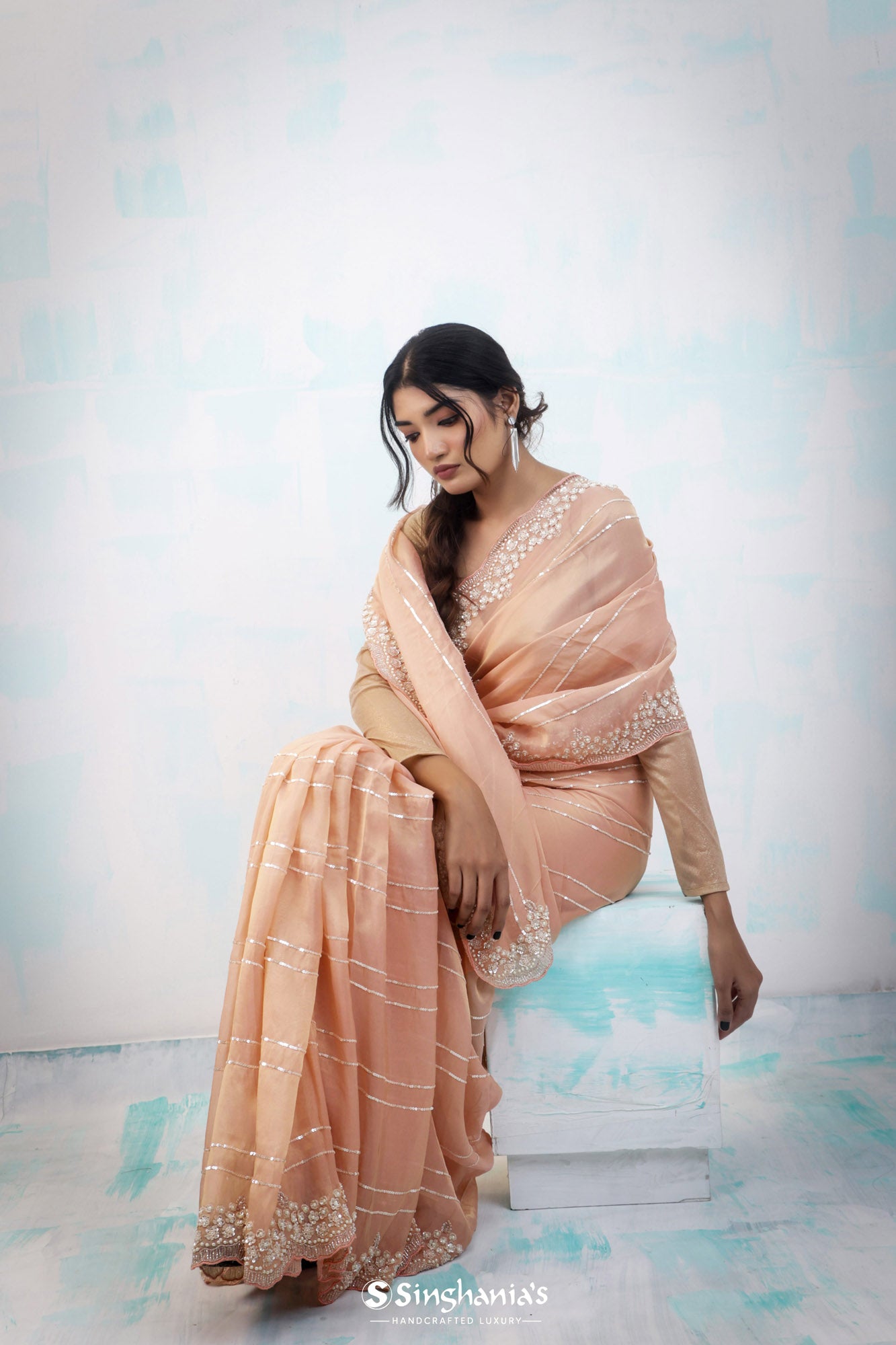 Peach Tissue Saree With Hand Embroidery