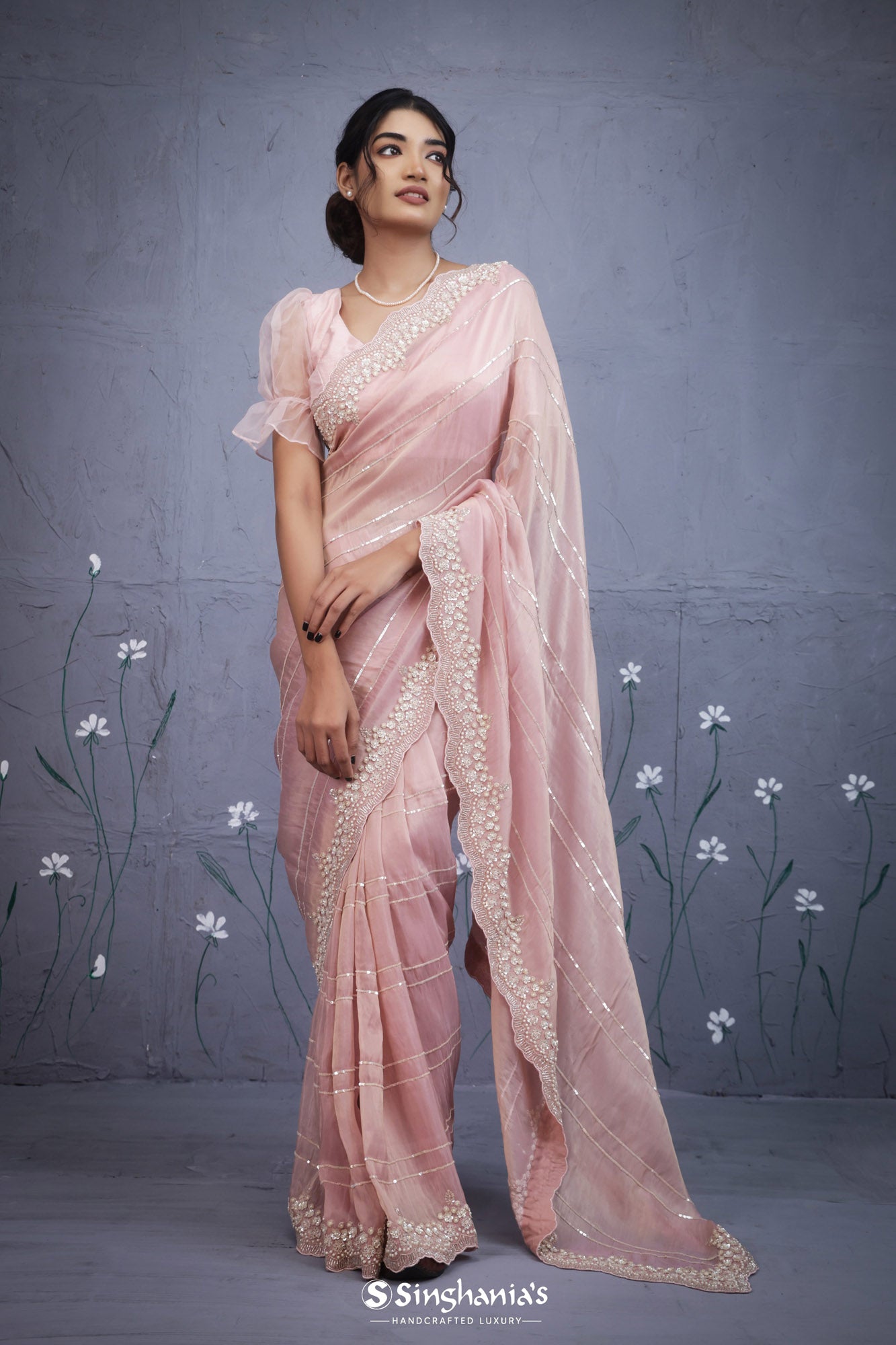 Strawberry Pink Tissue Saree With Hand Embroidery