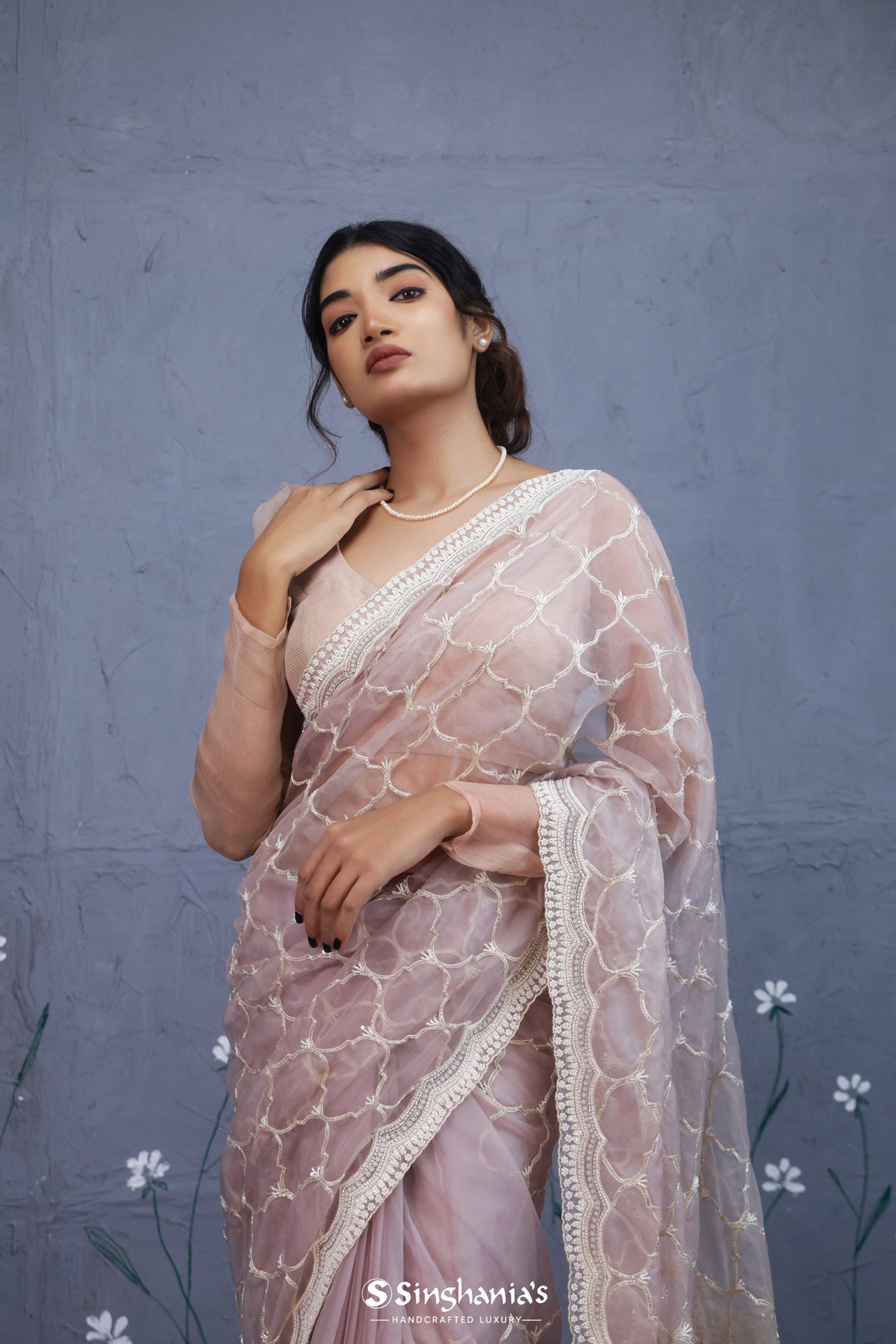 Pastel Copper Rose Organza Saree With Hand Embroidery