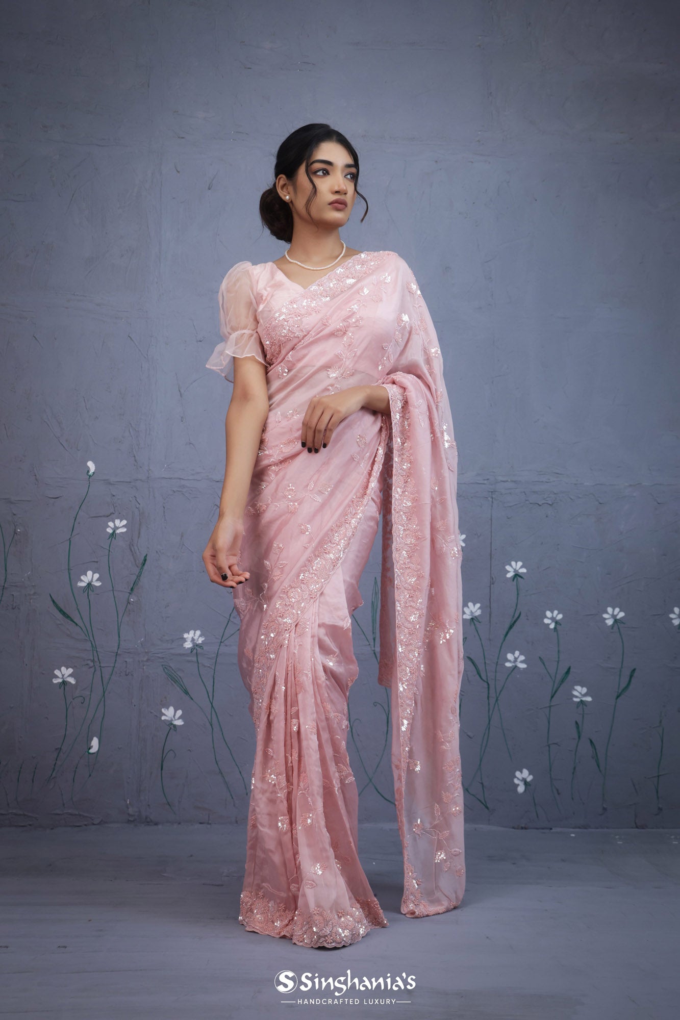 Pastel Pink Organza Saree with Hand Embroidered Border