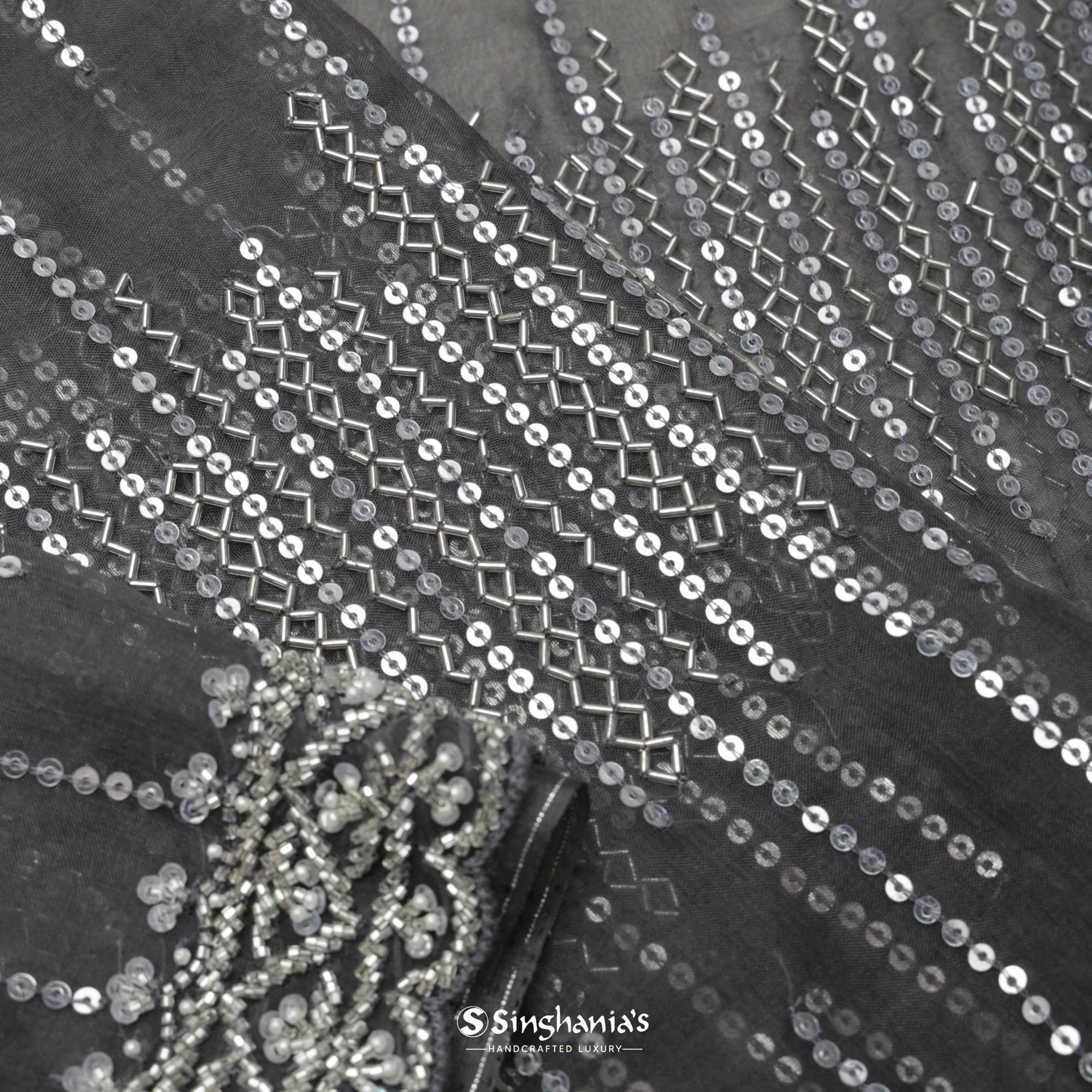 Greyish Black Organza Saree With Hand Embroidery