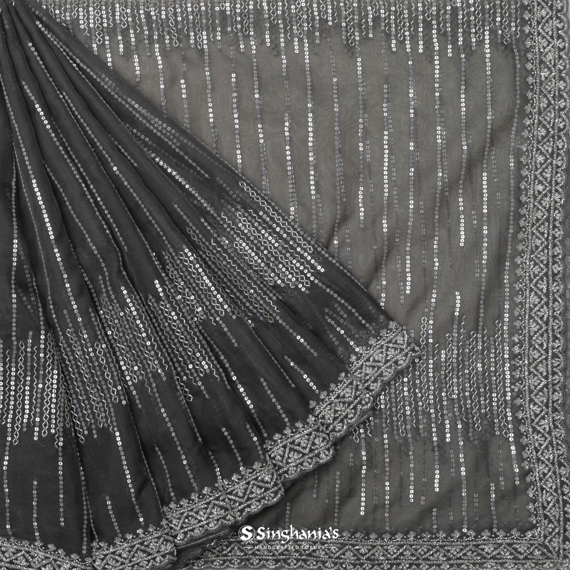 Greyish Black Organza Saree With Hand Embroidery