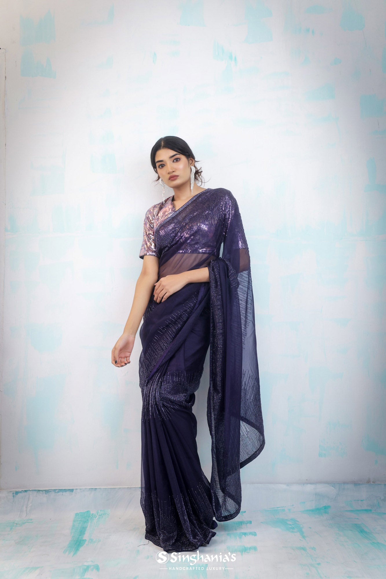 Navy Blue Organza Saree With Hand Embroidery