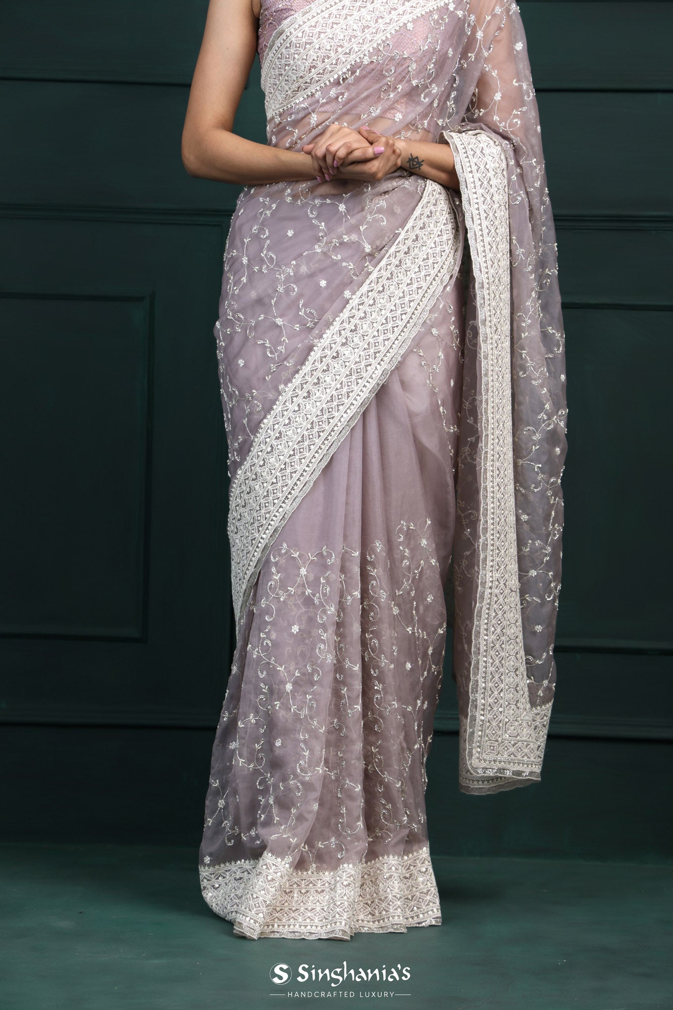 Sovereign Purple Organza Saree With Hand Embroidery