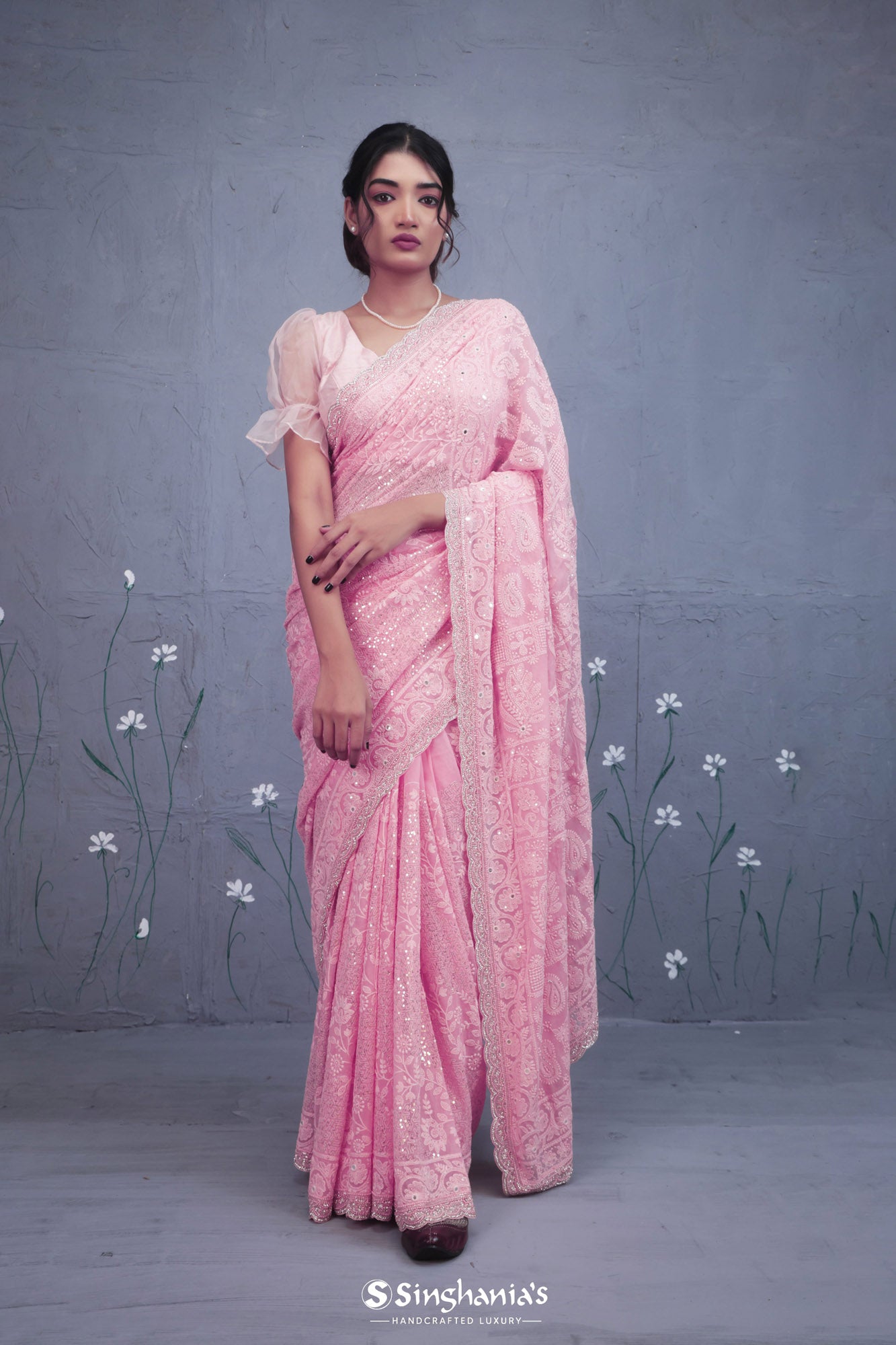 Persian Pink Georgette Saree With Hand Embroidery