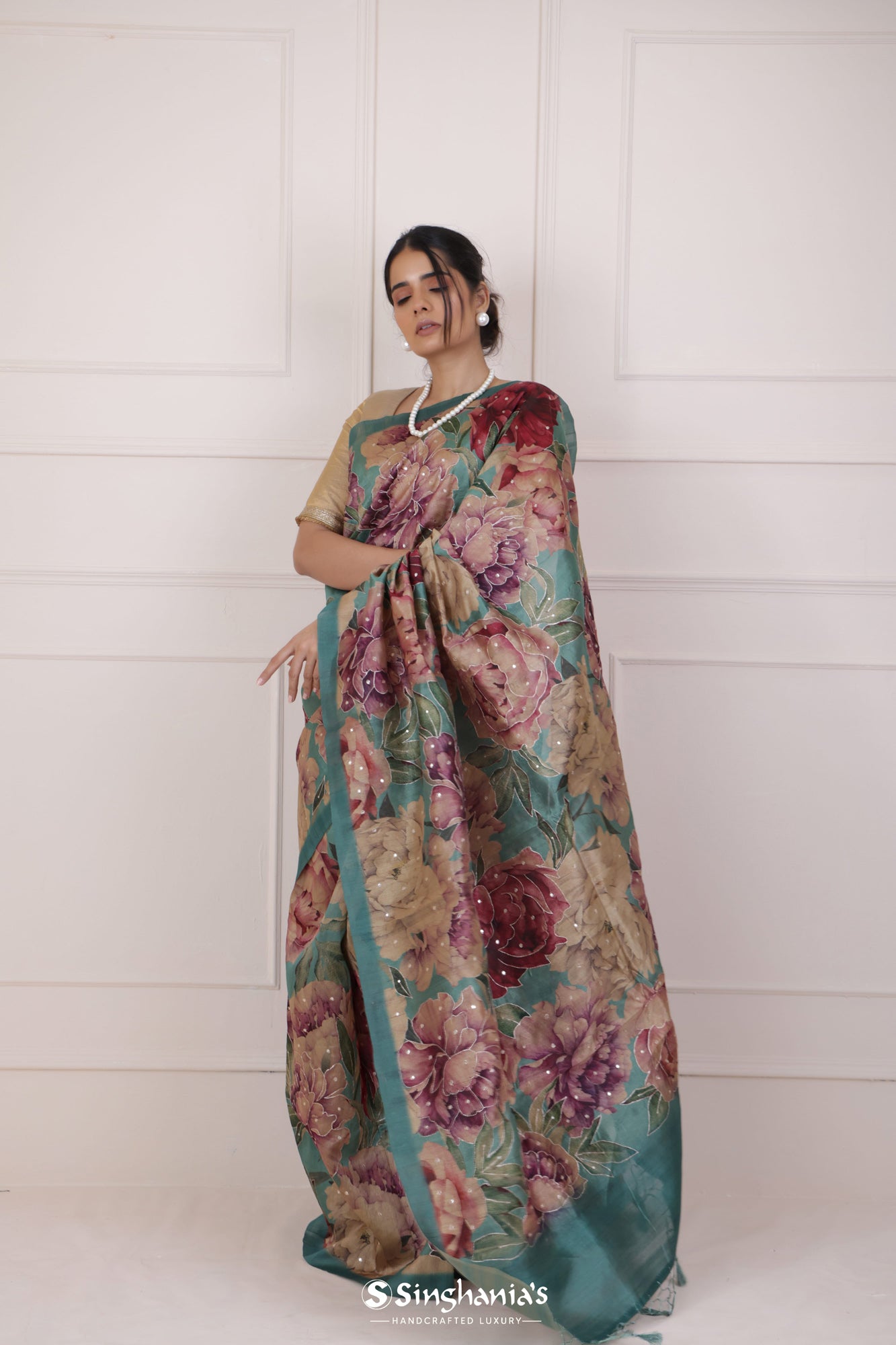 Turkish Blue Tussar Printed Saree With Hand Embroidery