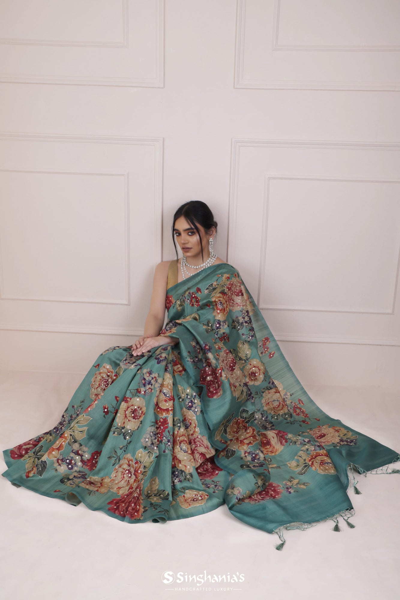Cadet Blue Tussar Printed Saree With Hand Embroidery