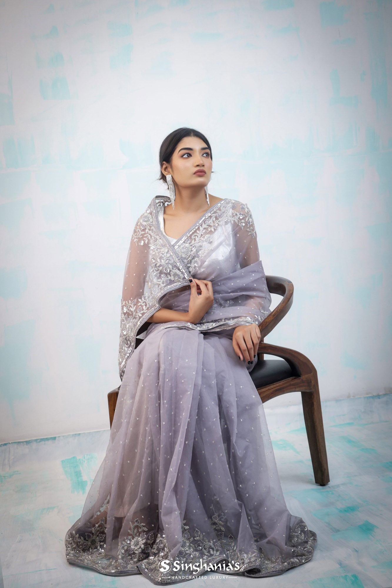 Pale Purple Organza Saree With Hand Embroidery
