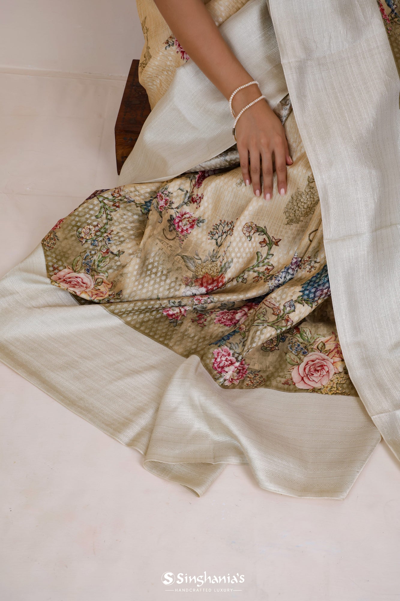 Sage Green Kanjivaram Silk Saree With Floral Prints