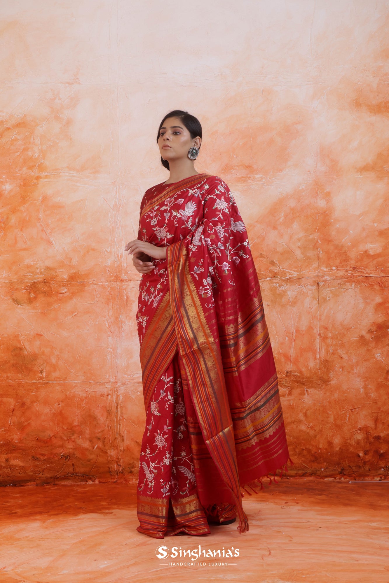 Classic Red Embroidered Kanjivaram Silk Saree