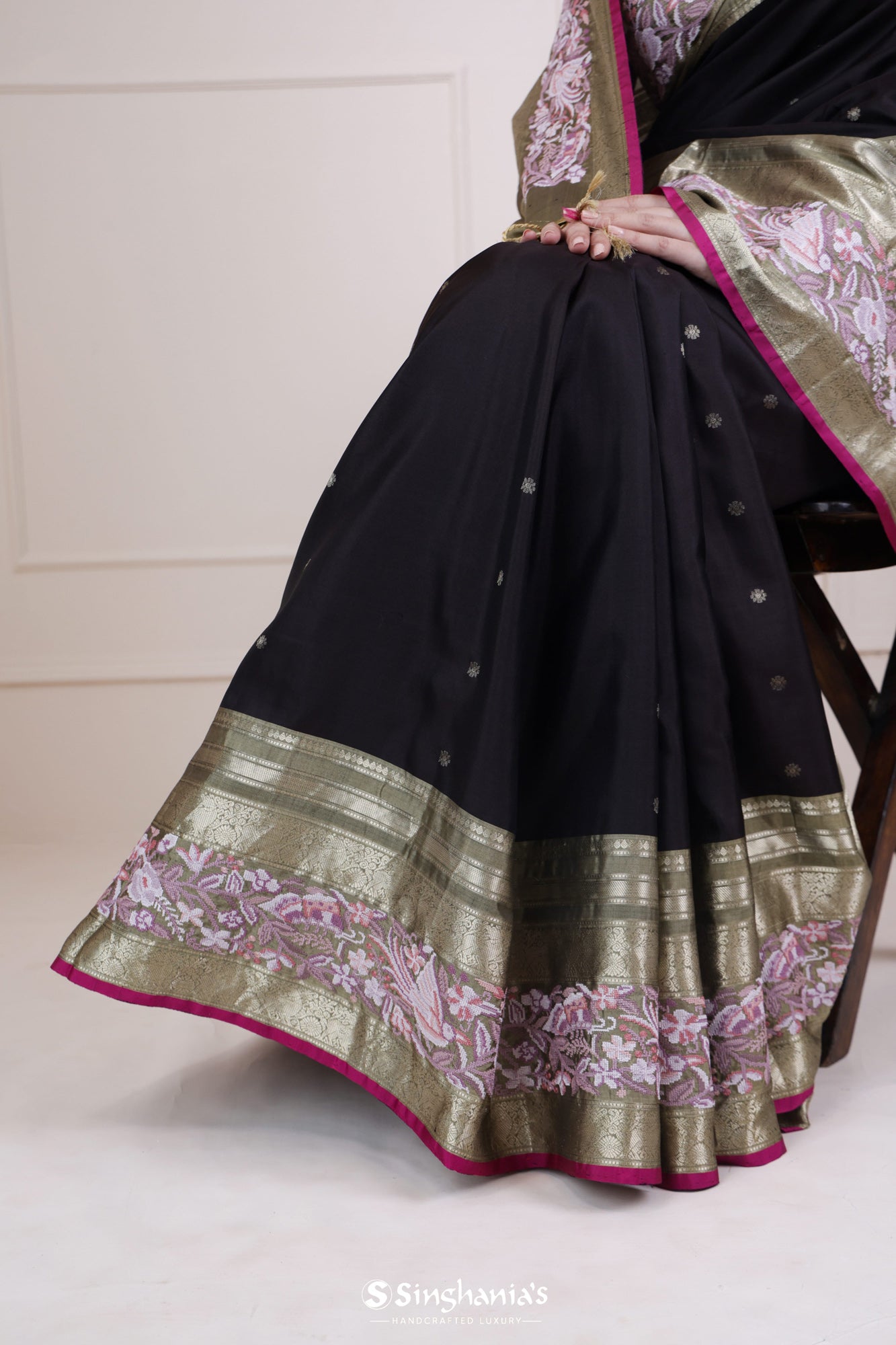 Deep Black Kanjivaram Silk Saree With Floral Embroidery