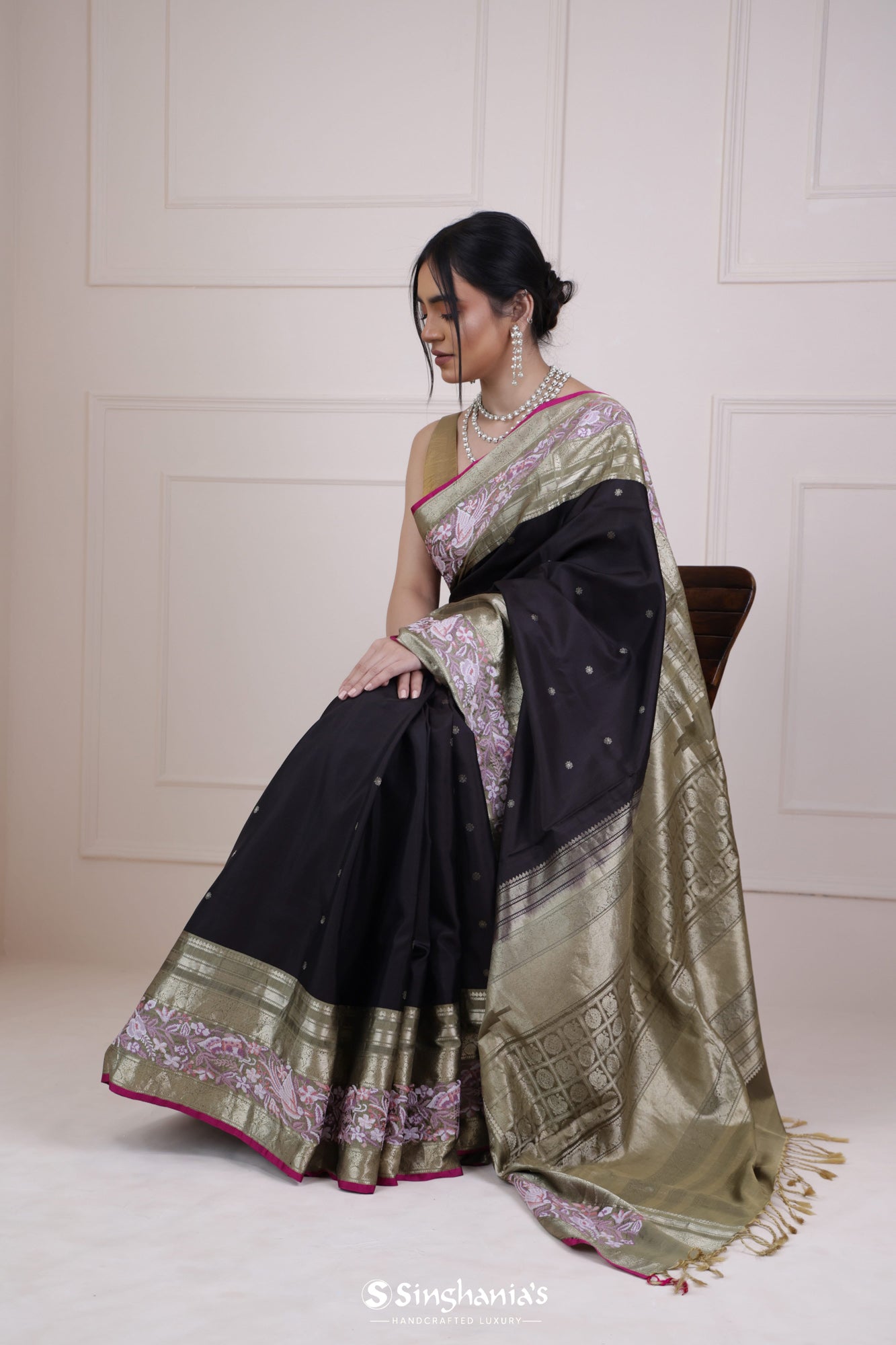 Buy Black Kanjivaram Silk Saree T457156