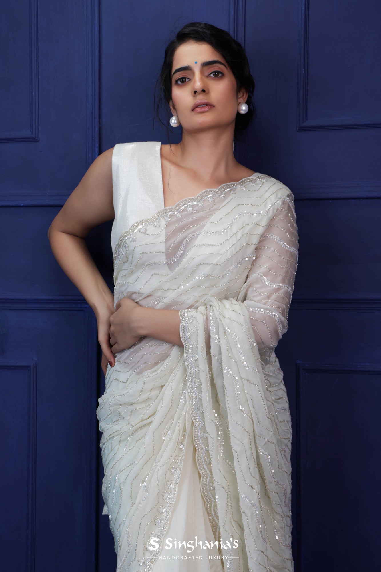 Off-White Organza Saree With Hand Embroidery