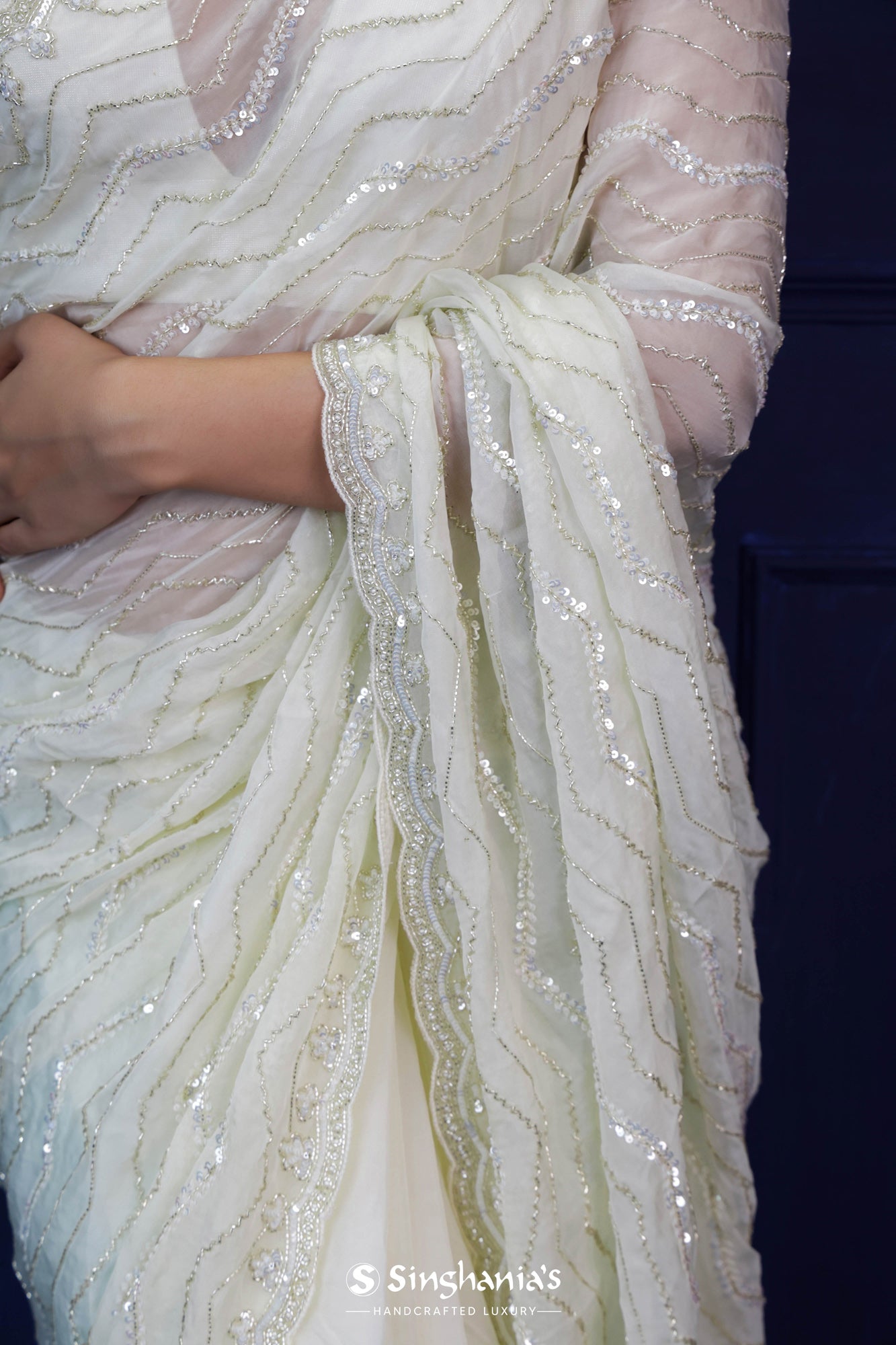 Off-White Organza Saree With Hand Embroidery
