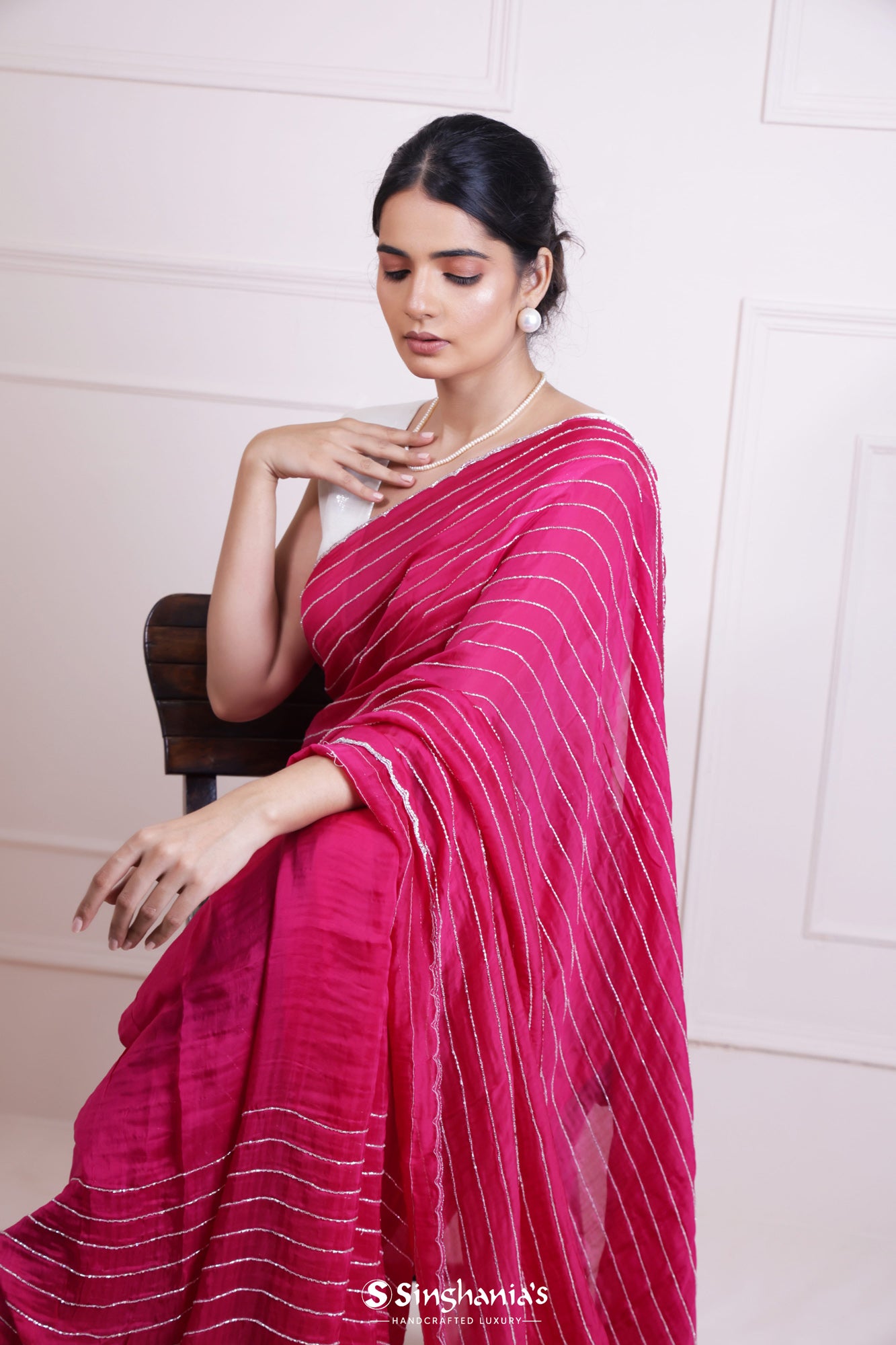 Ruby Pink Organza Saree With Hand Embroidery