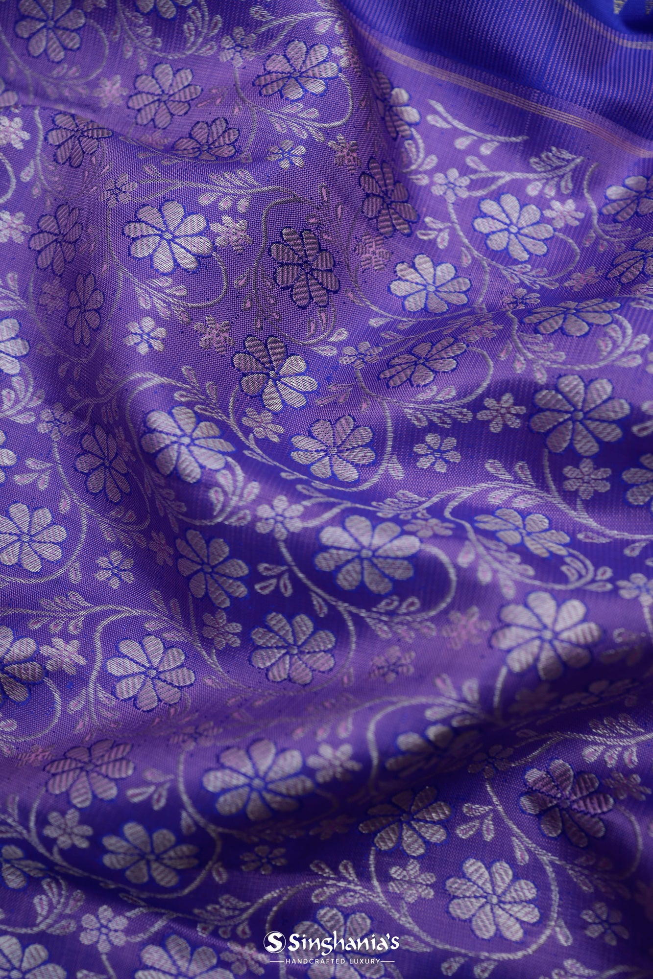 Blue Purple Kanjivaram Silk Saree With Floral Jaal Weaving