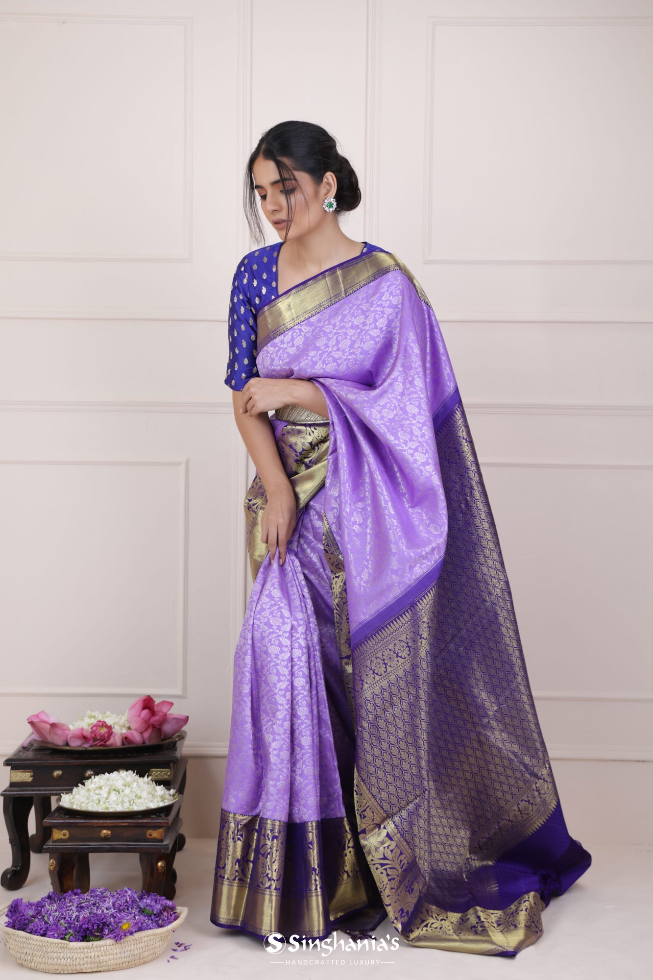 Medium Purple Kanjivaram Silk Saree With Floral Jaal Weaving