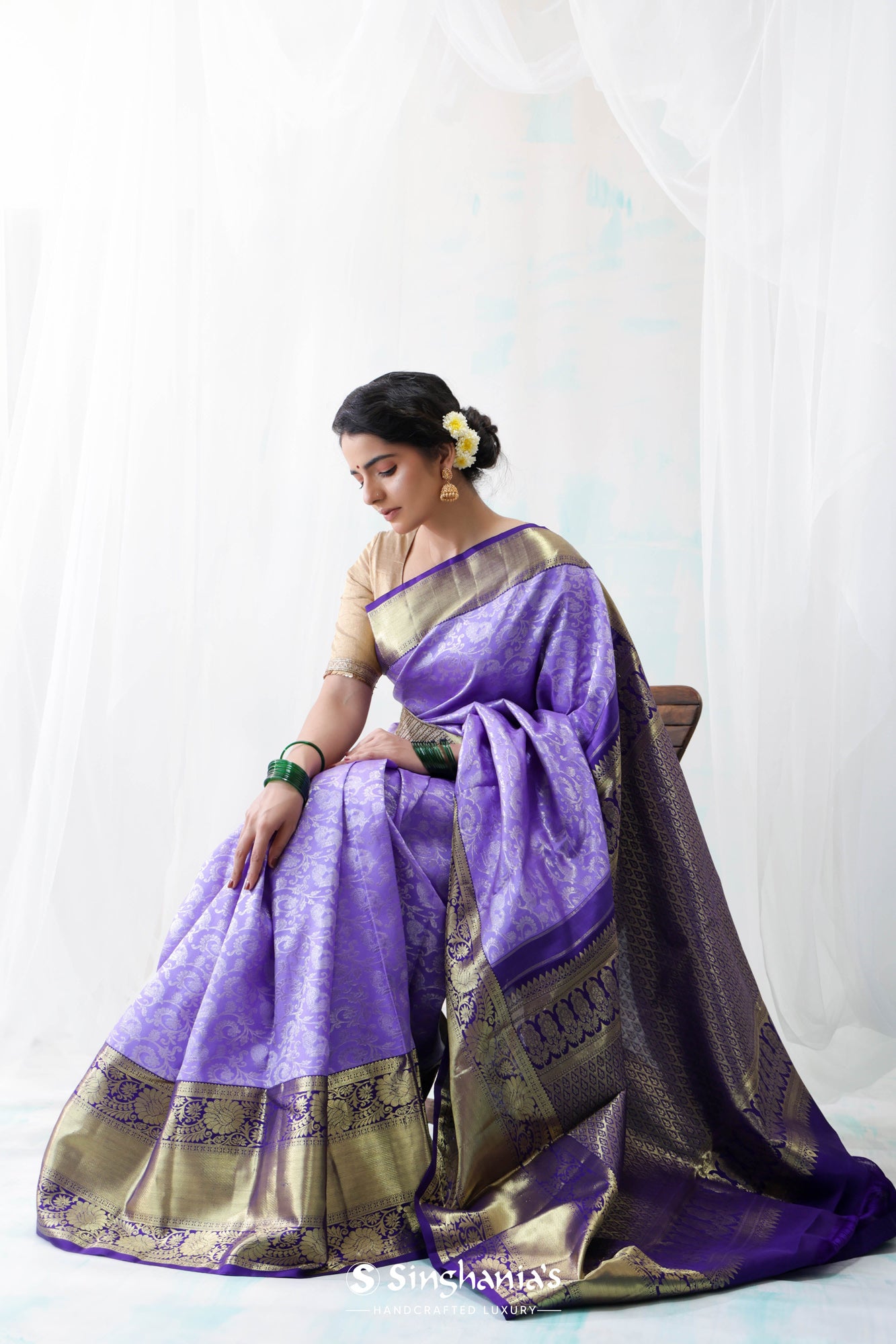 Lilac Purple Kanjivaram Silk Saree With Floral Jaal Weaving