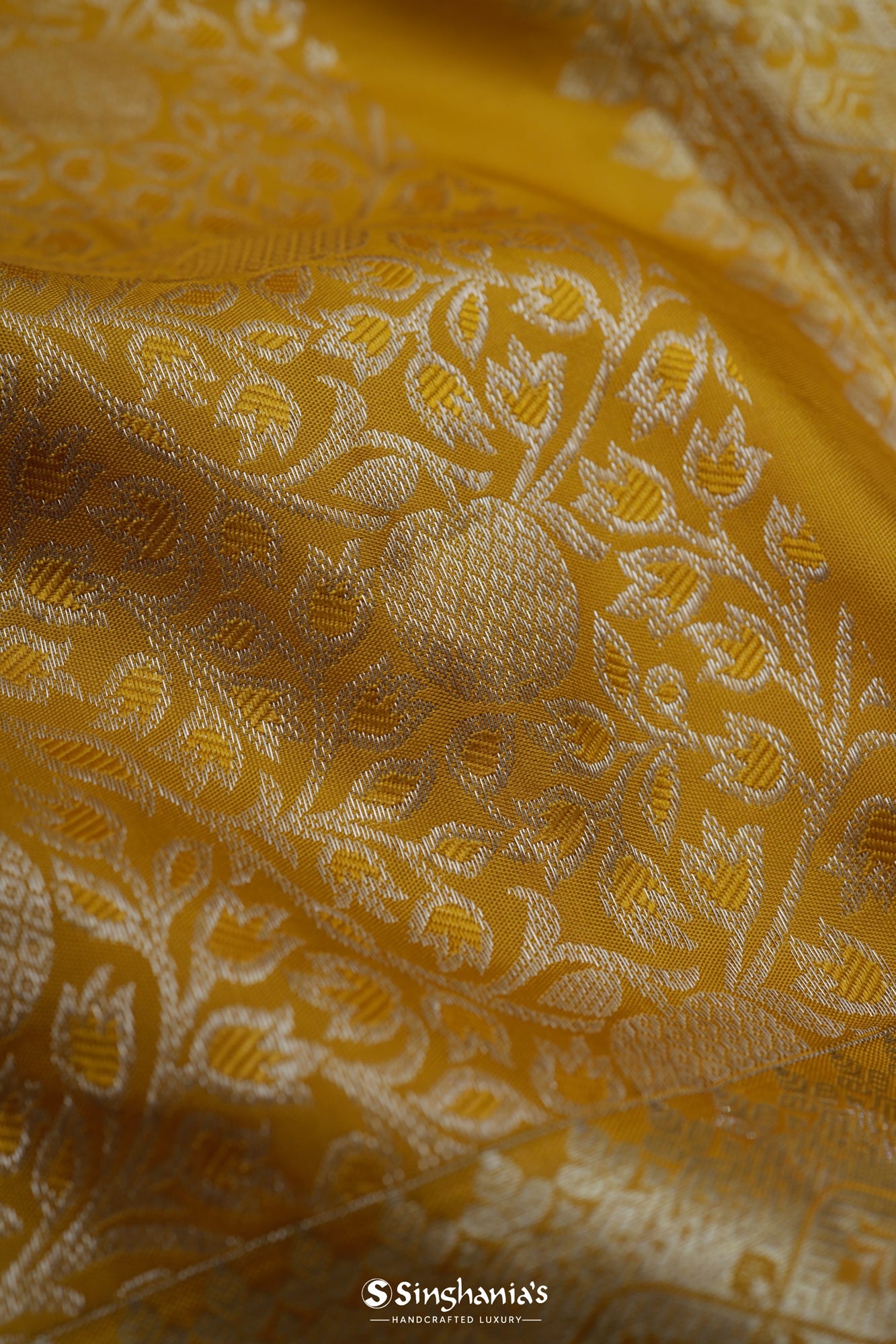 Golden Yellow Kanjivaram Silk Saree With Floral Jaal Weaving