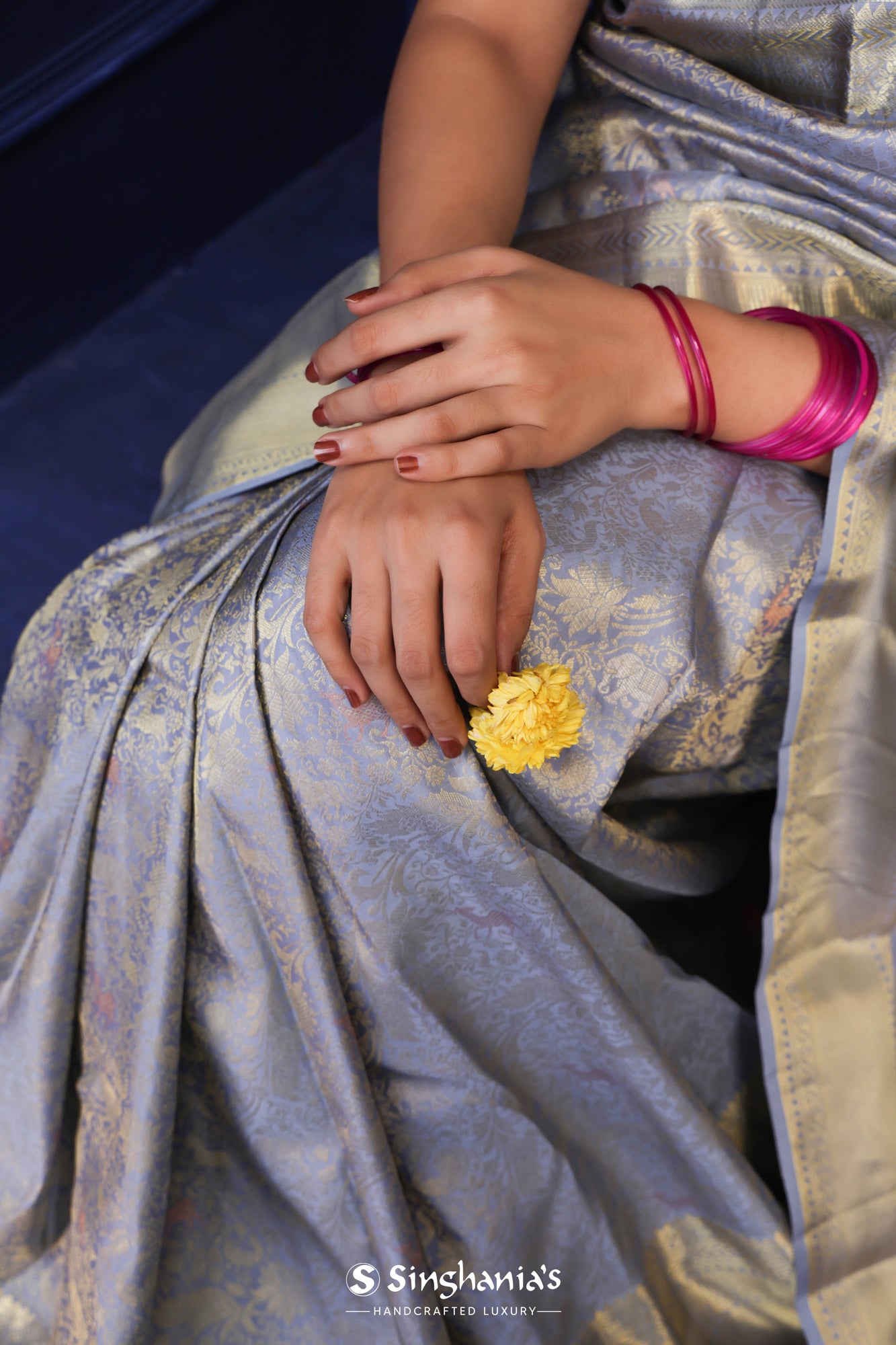 Chetwode Blue Kanjivaram Silk Saree With Floral And Animal Weaving