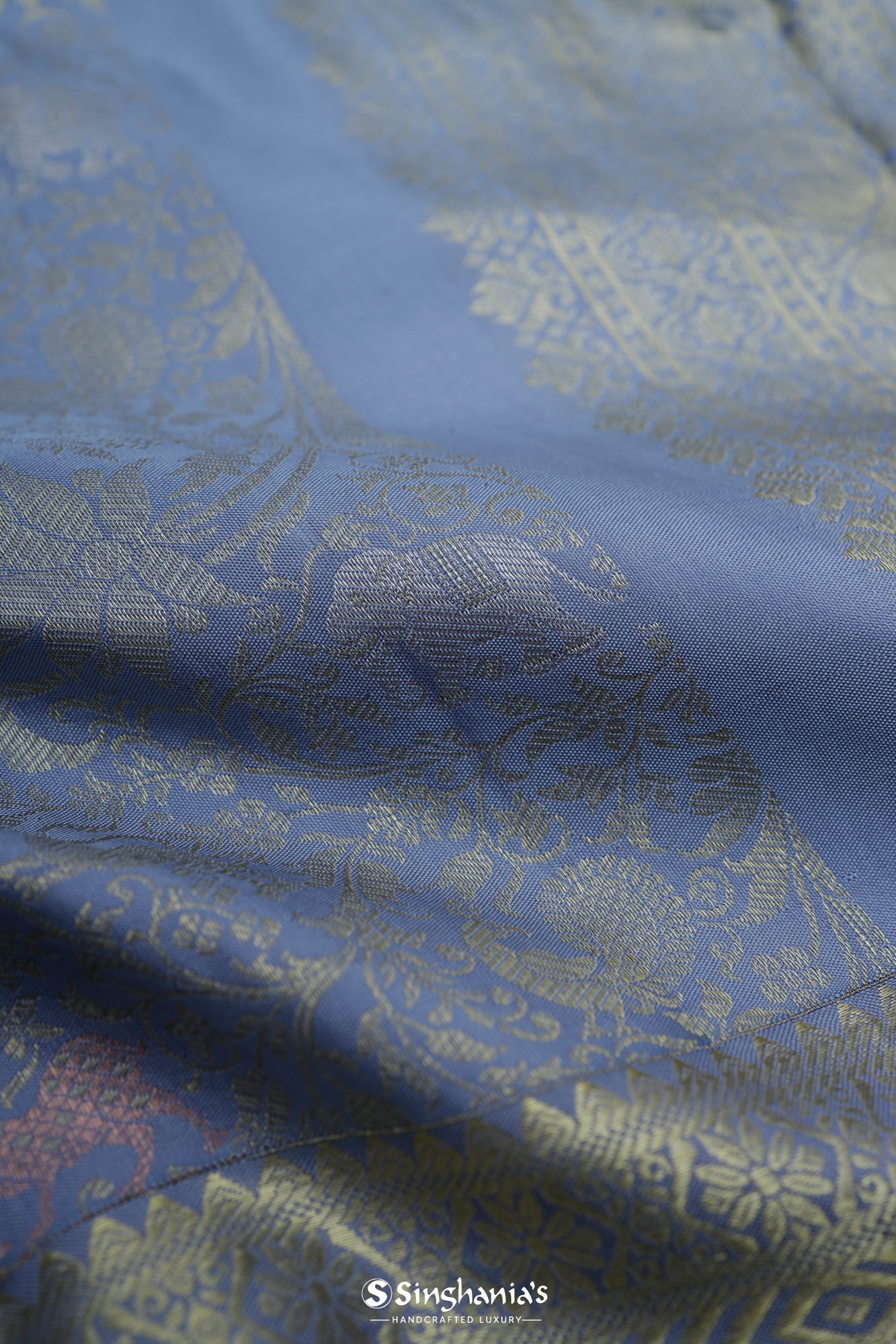 Chetwode Blue Kanjivaram Silk Saree With Floral And Animal Weaving
