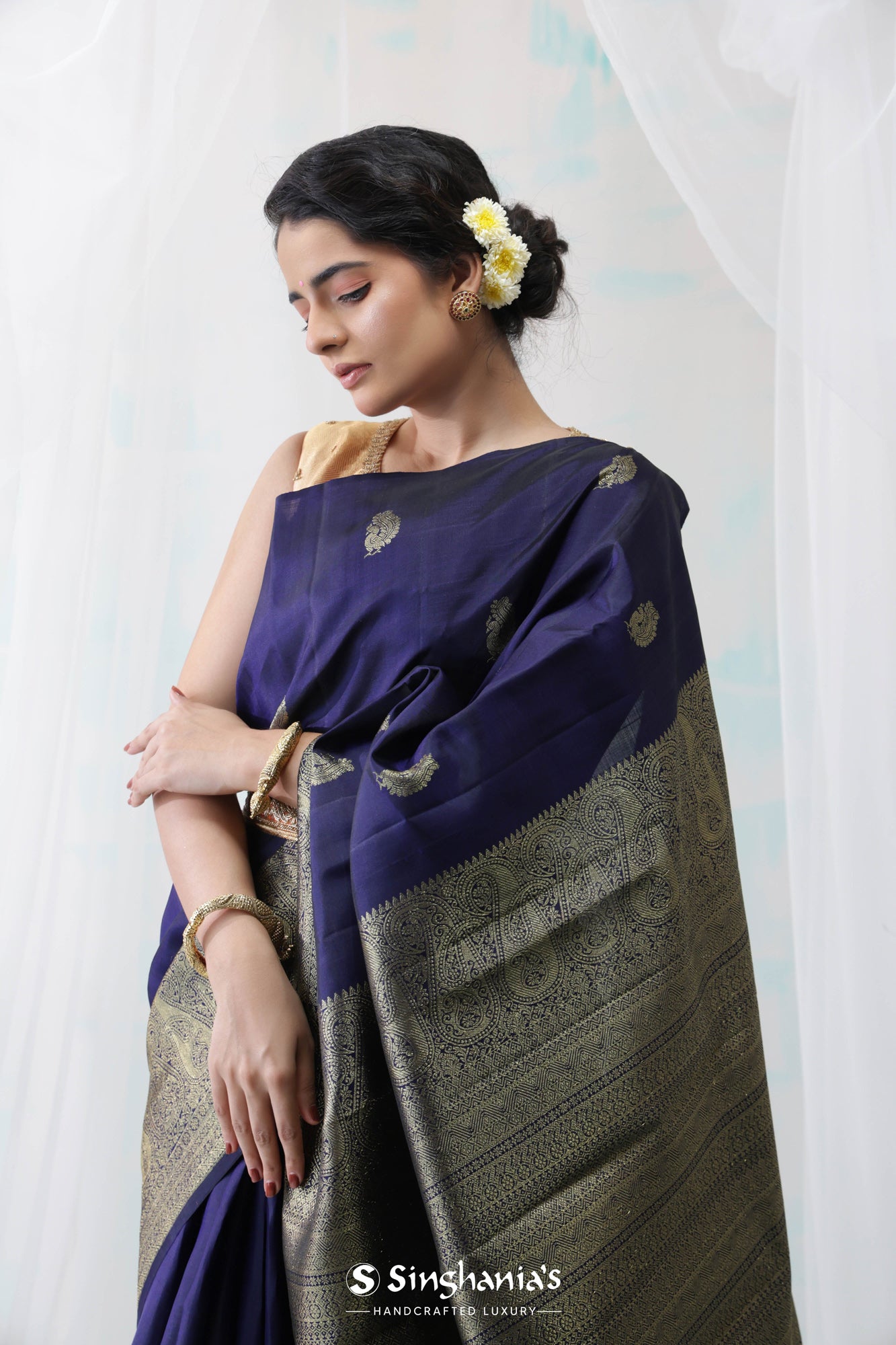 Royal Blue Kanjivaram Silk Saree With Peacock Weaving