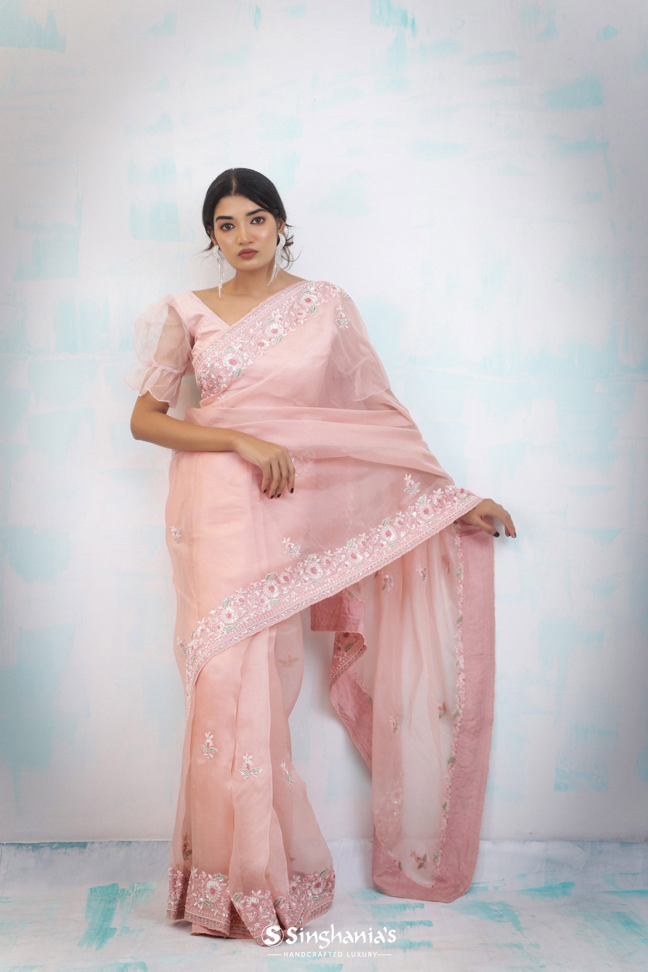 Spanish Pink Organza Saree With Hand Embroidery