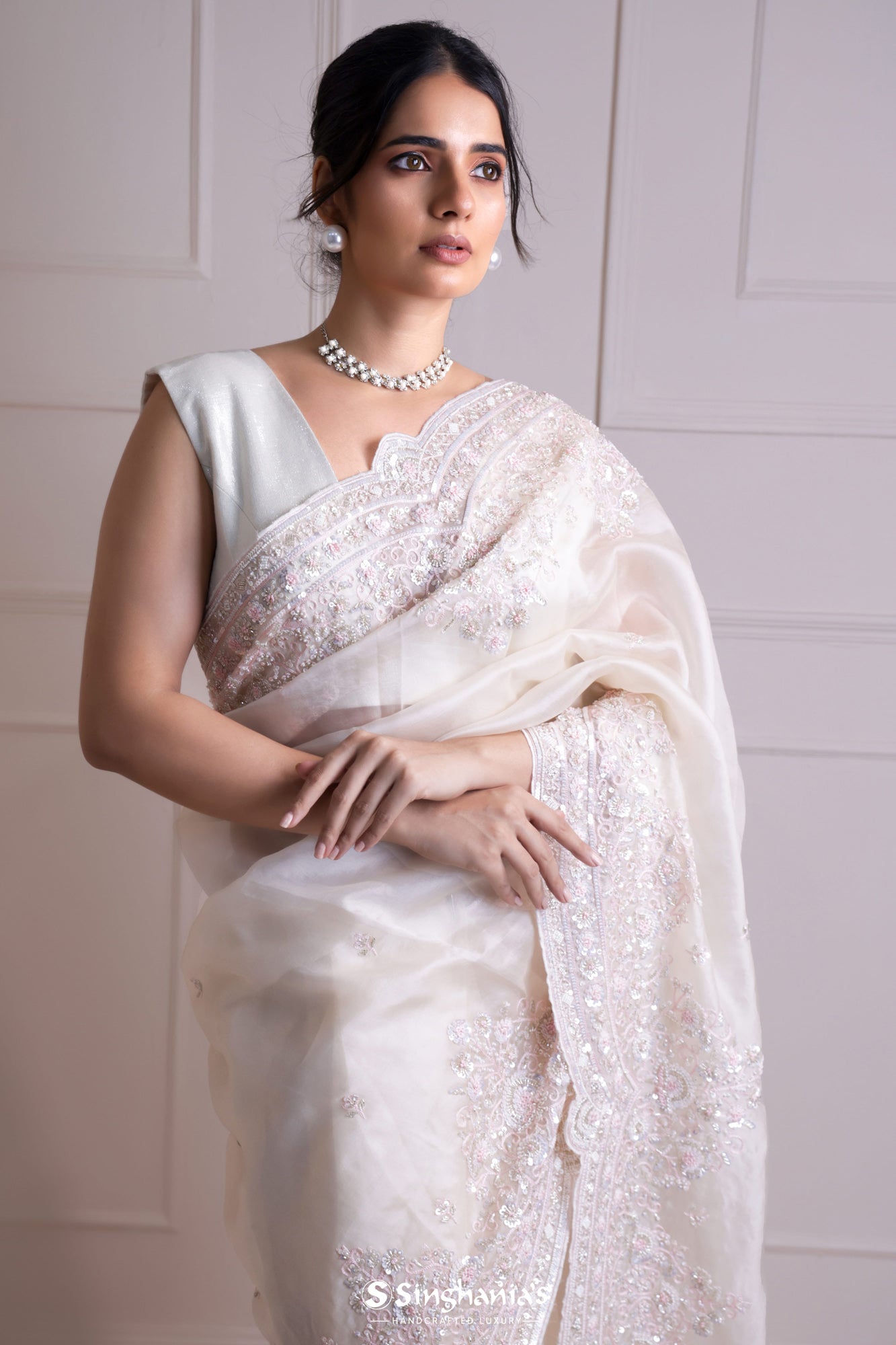Spring White Organza Saree With Hand Embroidery