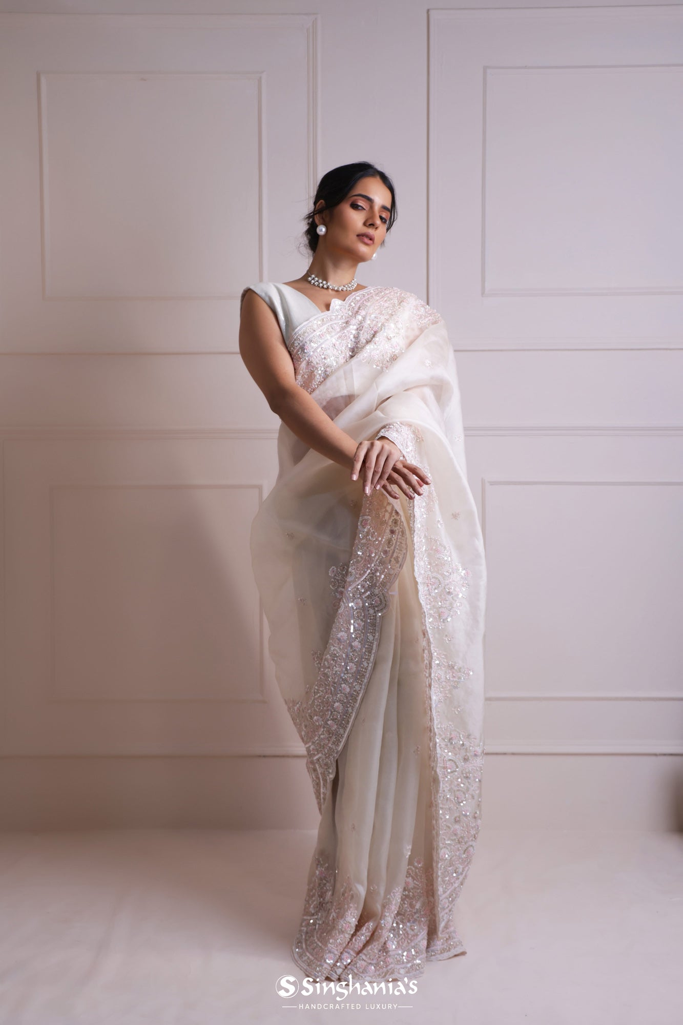 Spring White Organza Saree With Hand Embroidery