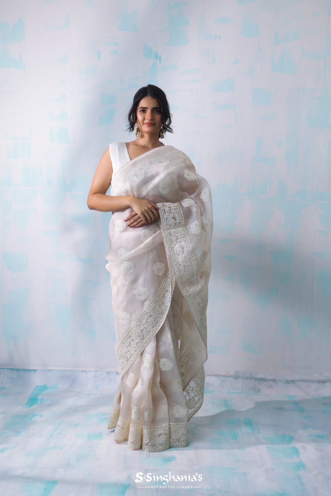 Pearl White Organza Saree With Hand Embroidery