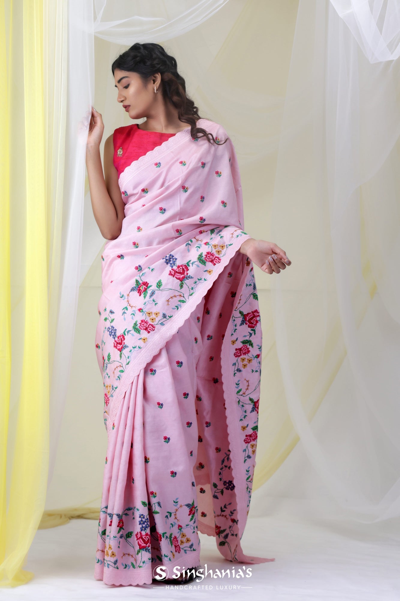 Lace Pink Tussar Floral Embroidery Saree
